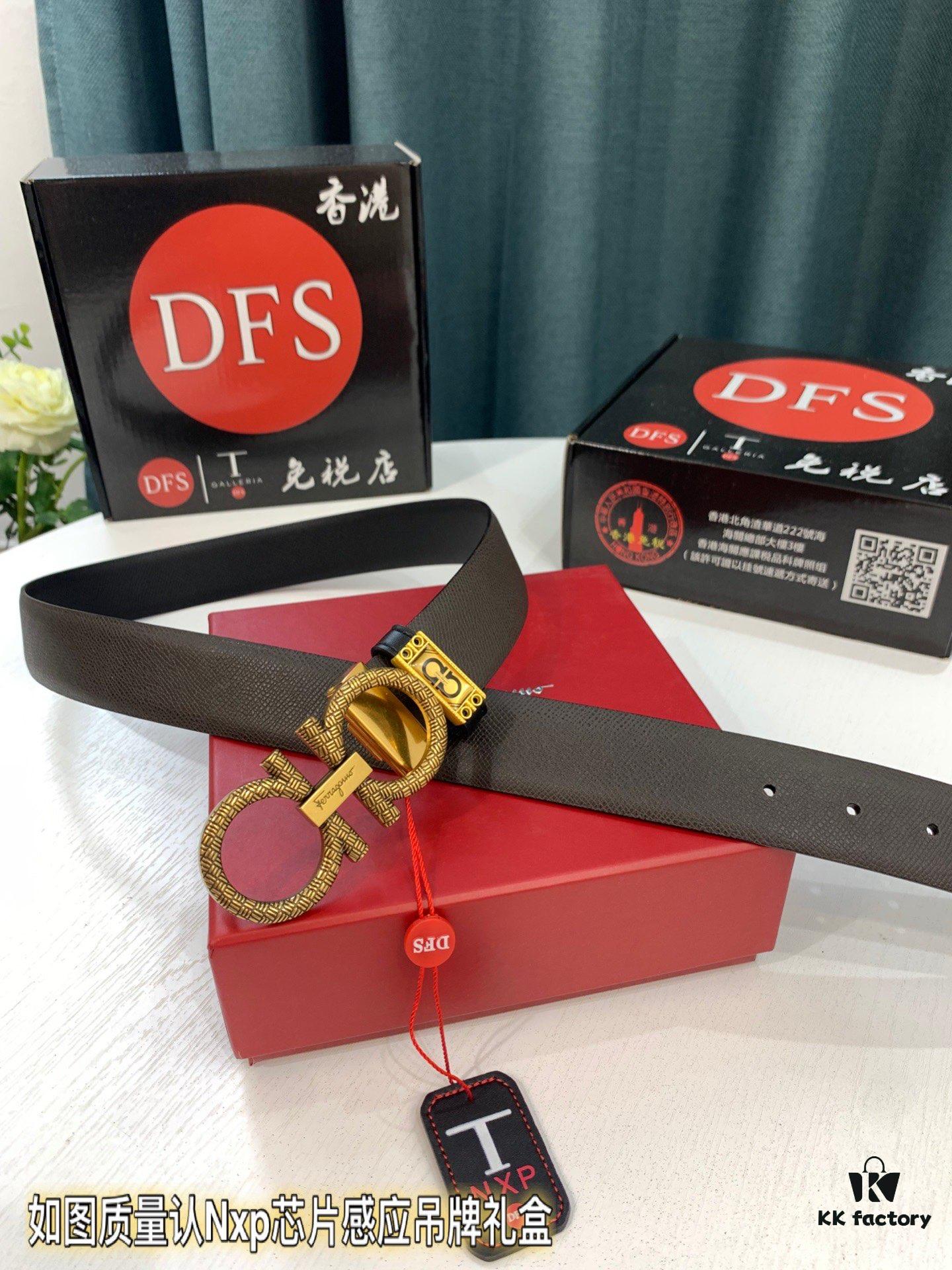 Salvatore Ferragamo Men's Belt, Genuine First-Layer Calfskin, Dual-Sided Use, 3.5cm Width, Aged '8' Steel Hardware, Authentic Duty-Free Packaged with NXP Chip Verification