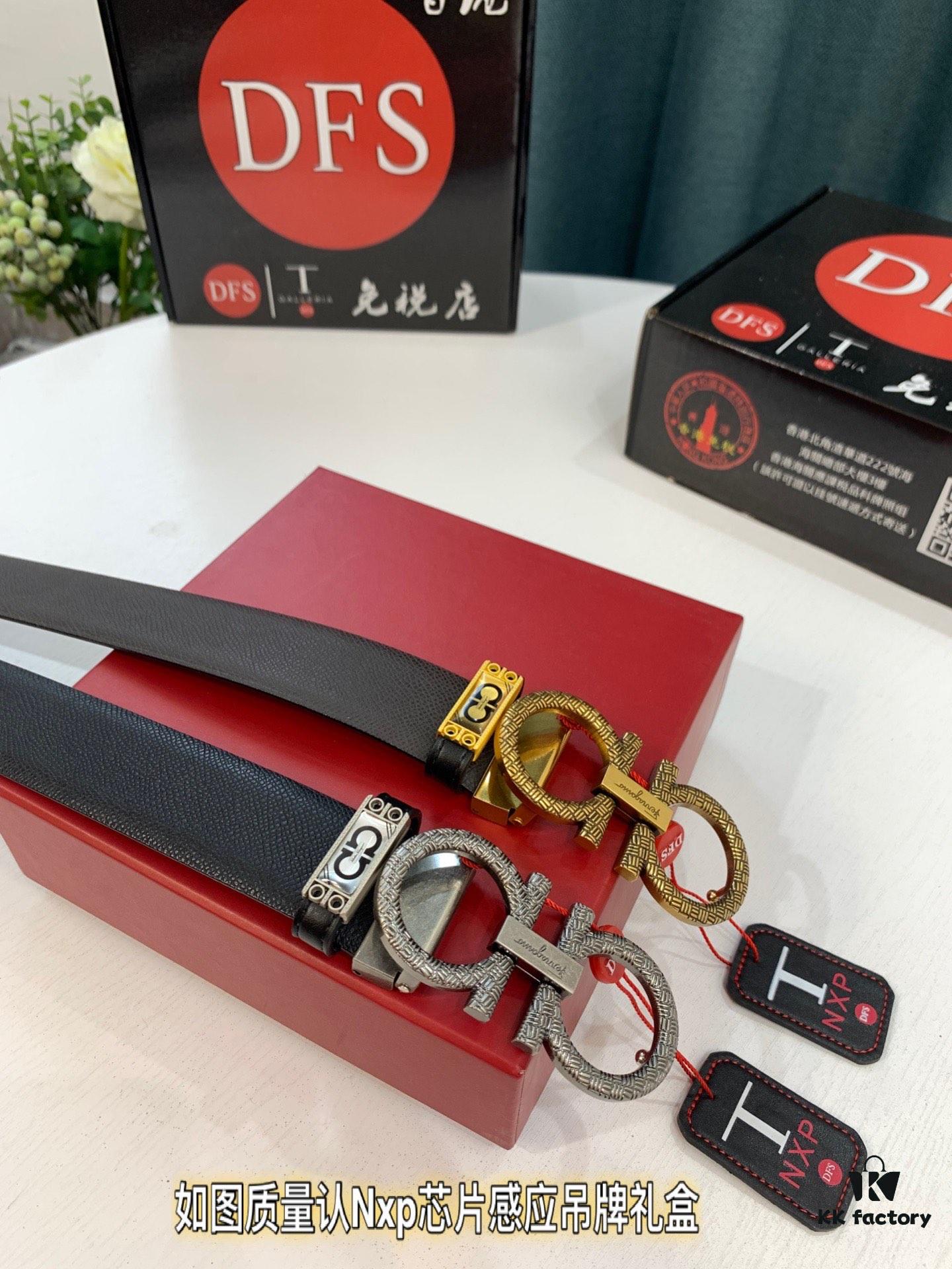 Salvatore Ferragamo Men's Belt, Genuine First-Layer Calfskin, Dual-Sided Use, 3.5cm Width, Aged '8' Steel Hardware, Authentic Duty-Free Packaged with NXP Chip Verification