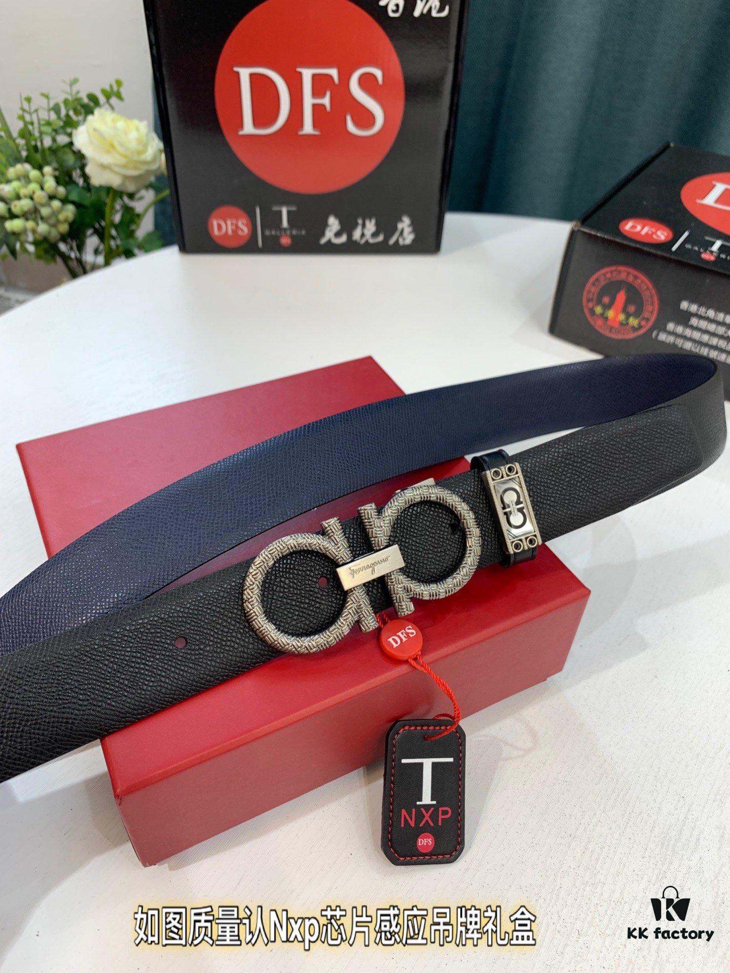 Salvatore Ferragamo Men's Belt, Genuine First-Layer Calfskin, Dual-Sided Wear, 3.5cm Width, Vintage-Style Steel Hardware, Imported Original