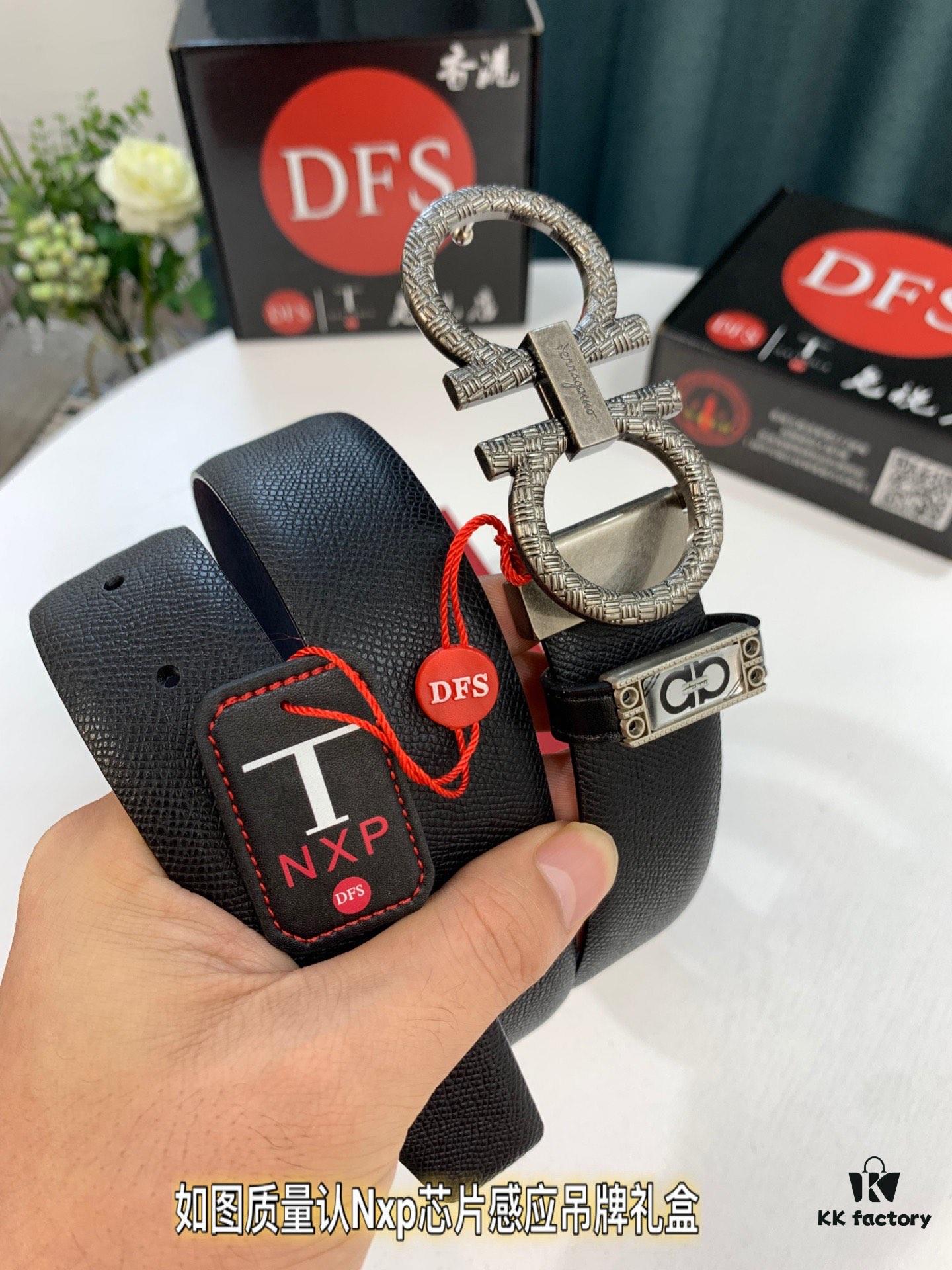 Salvatore Ferragamo Men's Belt, Genuine First-Layer Calfskin, Dual-Sided Wear, 3.5cm Width, Vintage-Style Steel Hardware, Imported Original