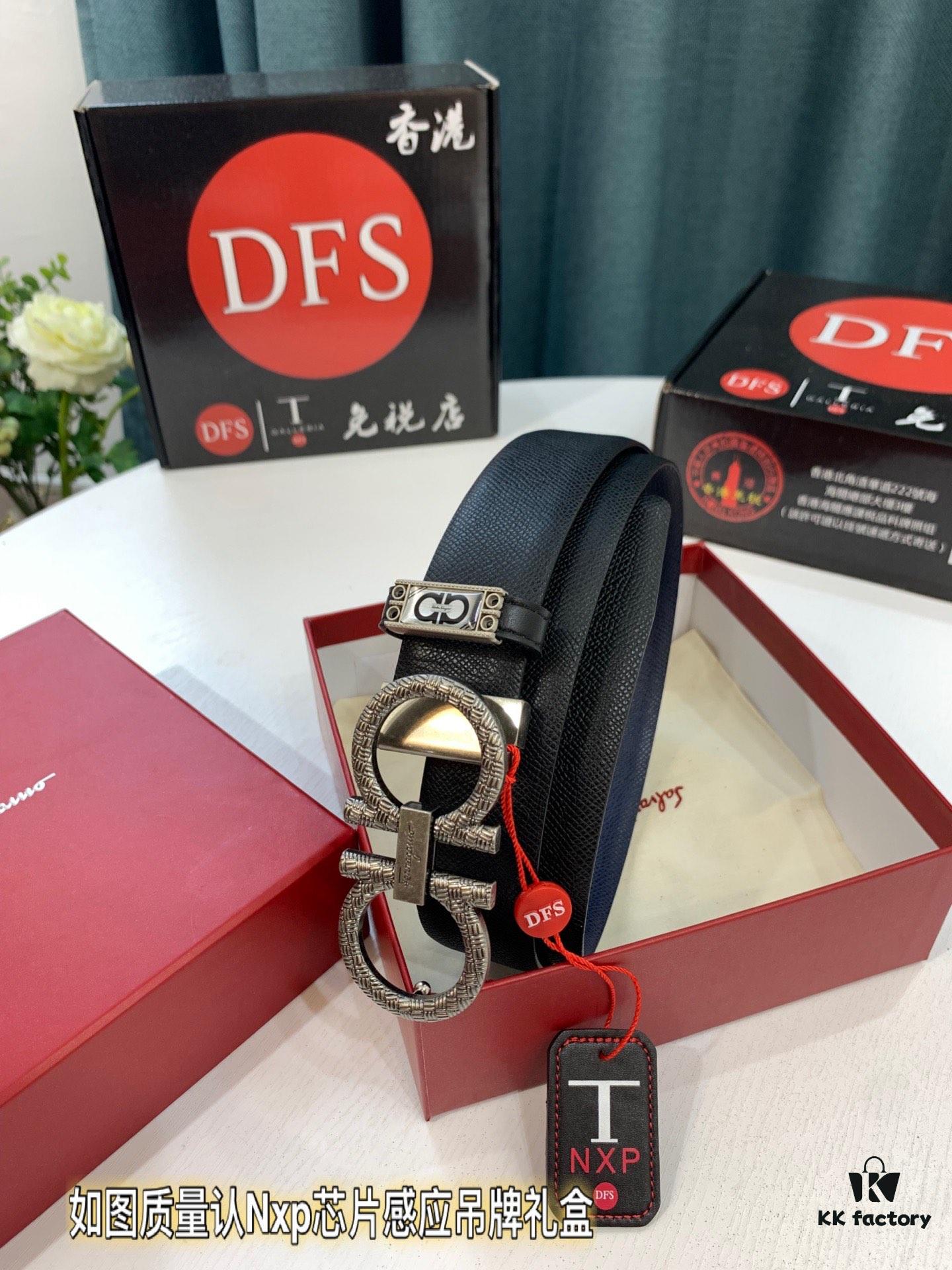 Salvatore Ferragamo Men's Belt, Genuine First-Layer Calfskin, Dual-Sided Wear, 3.5cm Width, Vintage-Style Steel Hardware, Imported Original