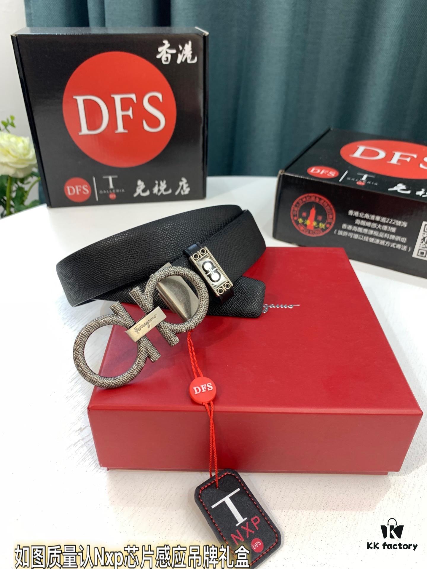 Salvatore Ferragamo Men's Belt, Genuine First-Layer Calfskin, Dual-Sided Wear, 3.5cm Width, Vintage-Style Steel Hardware, Imported Original