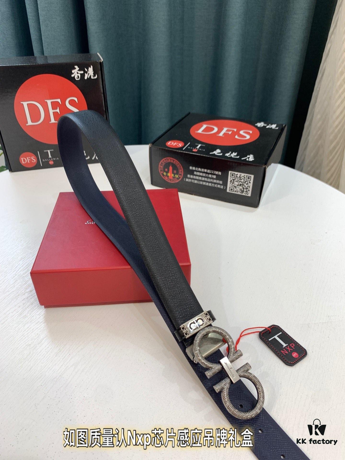 Salvatore Ferragamo Men's Belt, Genuine First-Layer Calfskin, Dual-Sided Wear, 3.5cm Width, Vintage-Style Steel Hardware, Imported Original