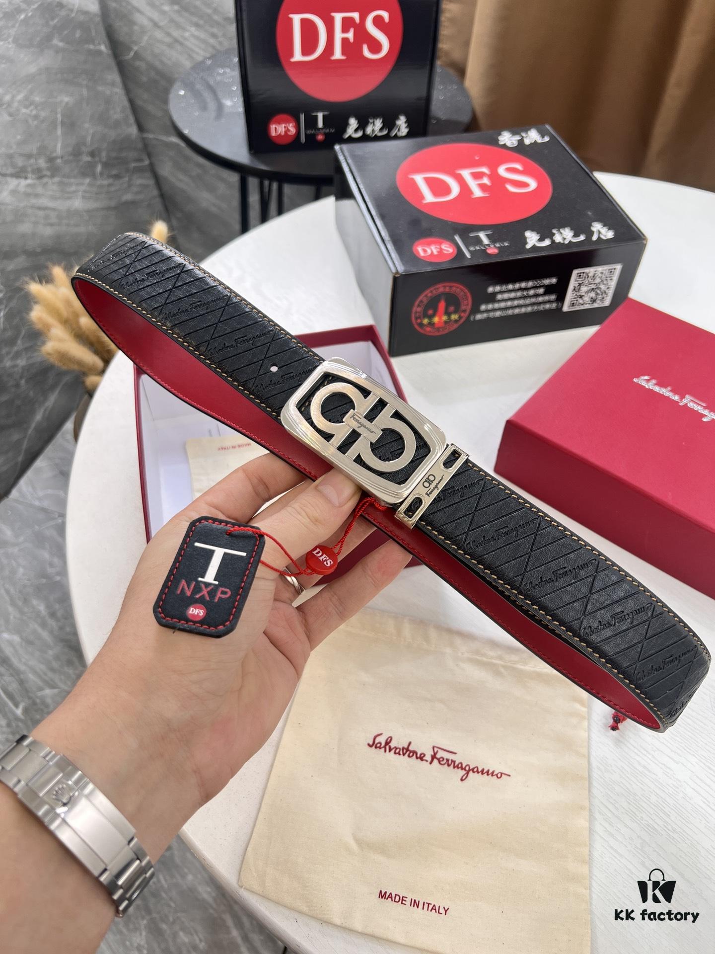 Top-tier Salvatore Ferragamo Belt, Authentic Hong Kong Duty-Free T Gift Box, 8-Shaped Genuine Hardware, Full-Grain Embossed Cowhide Leather, German-Made Craftsmanship