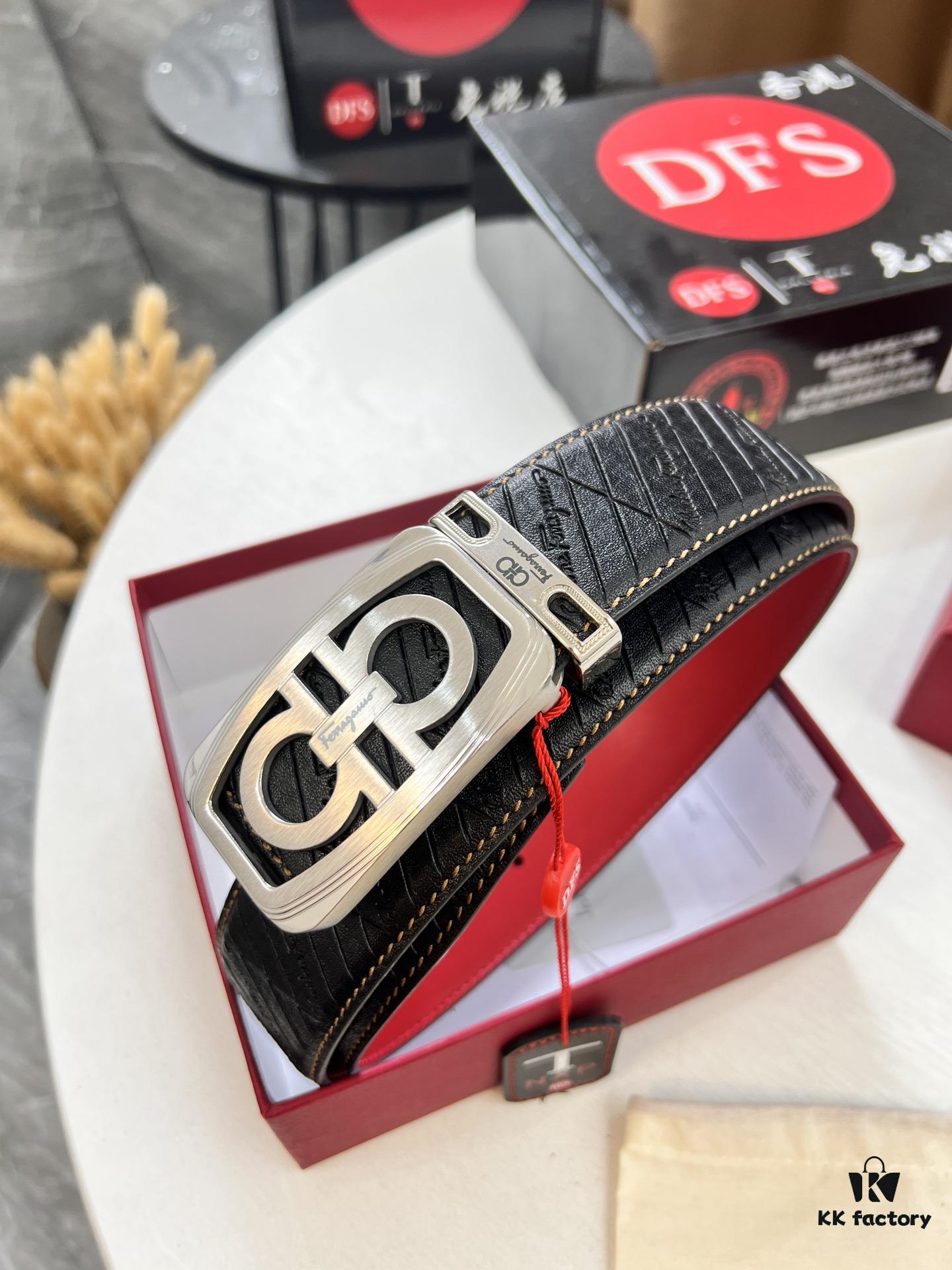 Top-tier Salvatore Ferragamo Belt, Authentic Hong Kong Duty-Free T Gift Box, 8-Shaped Genuine Hardware, Full-Grain Embossed Cowhide Leather, German-Made Craftsmanship