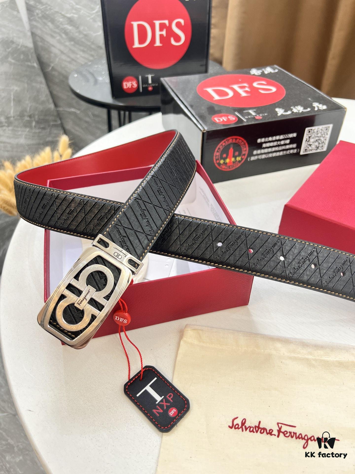 Top-tier Salvatore Ferragamo Belt, Authentic Hong Kong Duty-Free T Gift Box, 8-Shaped Genuine Hardware, Full-Grain Embossed Cowhide Leather, German-Made Craftsmanship