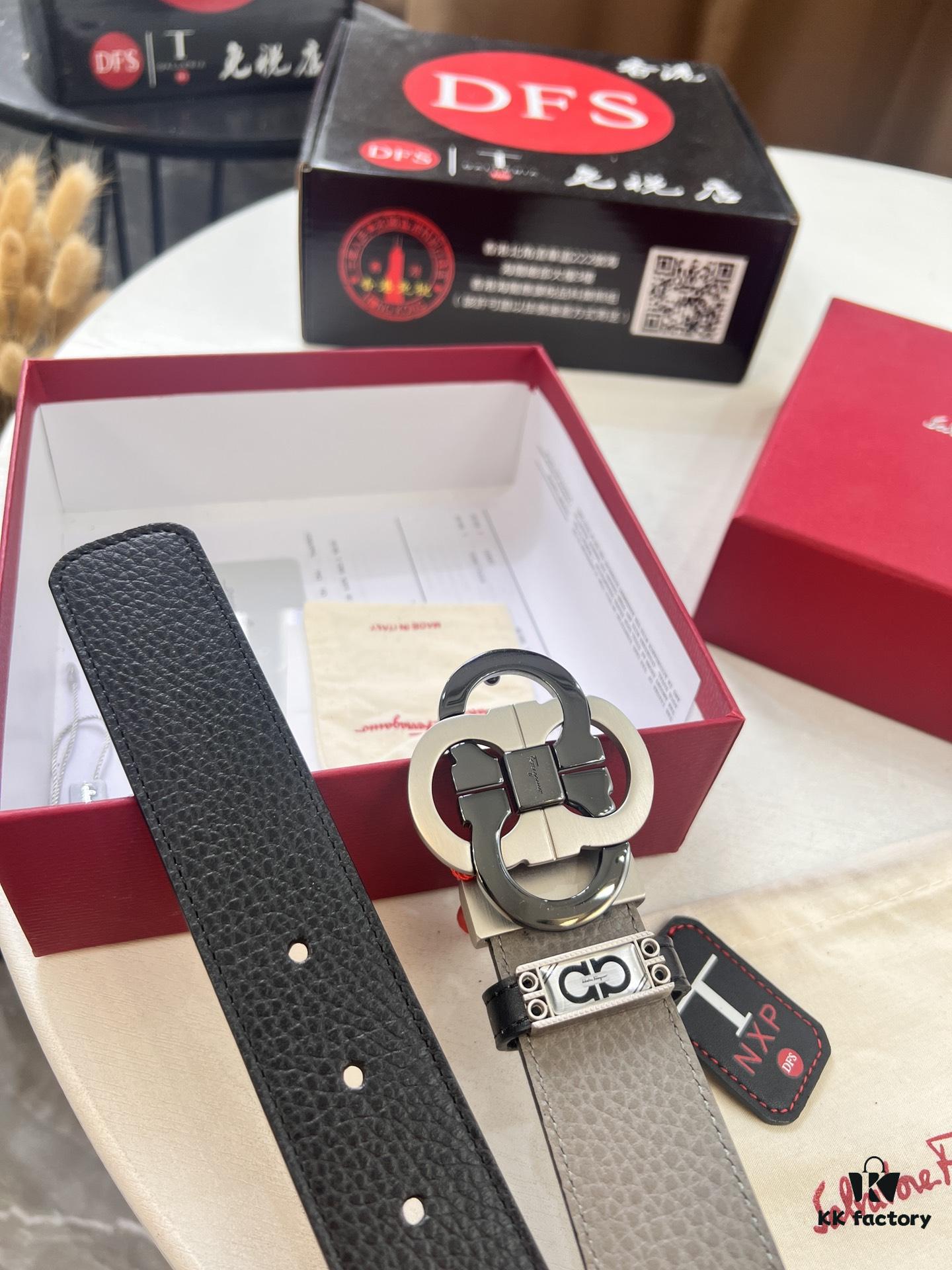 Ferragamo Men's Belt, Genuine First-Layer Calf Leather with Crocodile Texture, Reversible Design, 3.5cm Width, Stainless Steel Hardware, Adjustable Length, Ideal Gift Choice