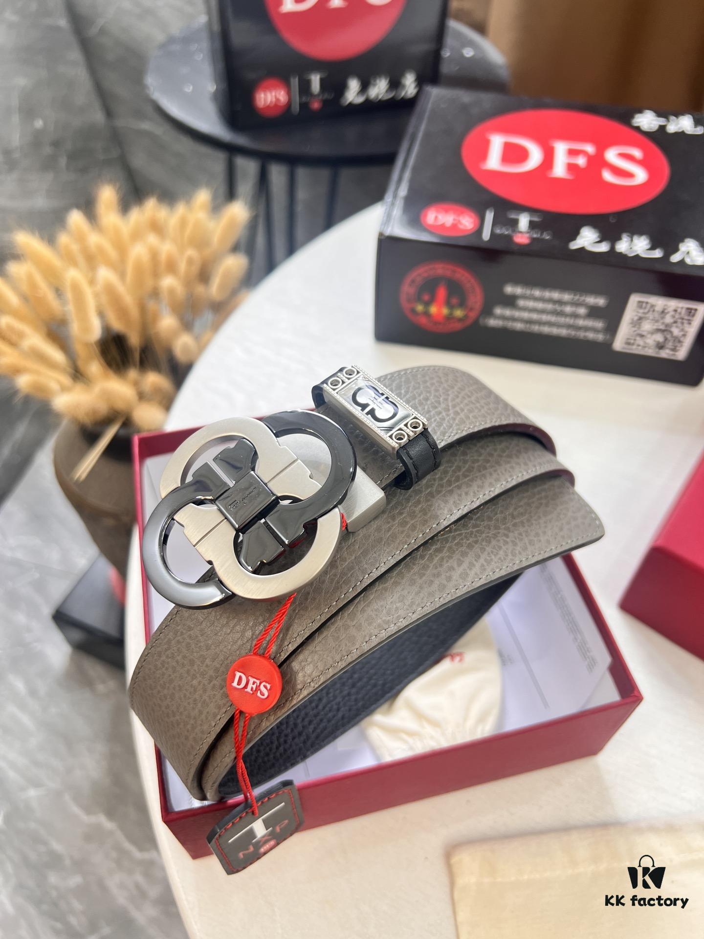 Ferragamo Men's Belt, Genuine First-Layer Calf Leather with Crocodile Texture, Reversible Design, 3.5cm Width, Stainless Steel Hardware, Adjustable Length, Ideal Gift Choice