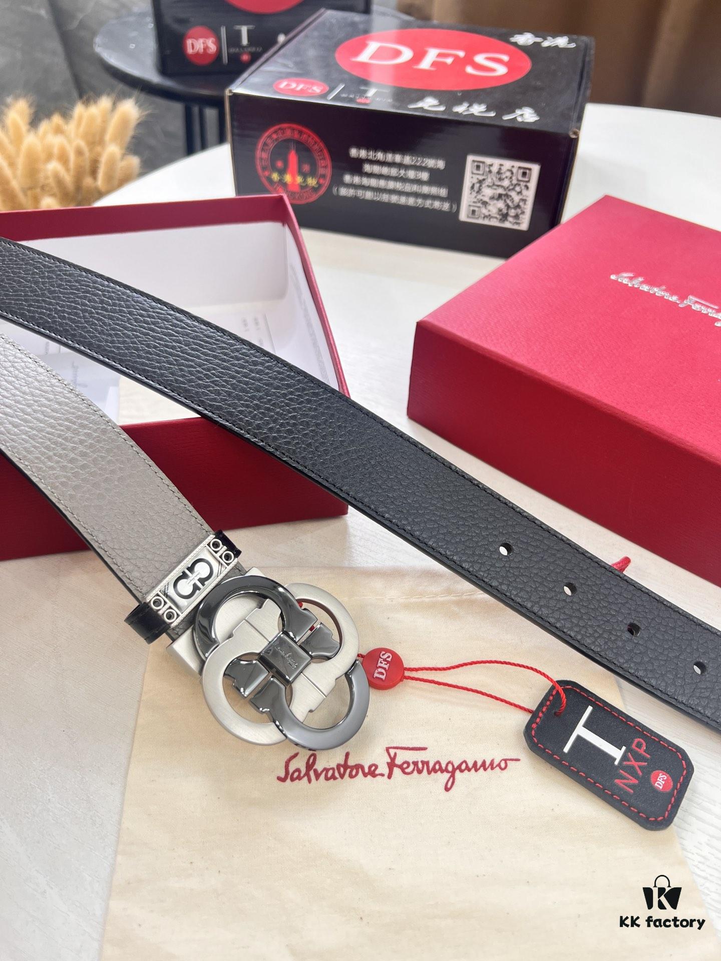 Ferragamo Men's Belt, Genuine First-Layer Calf Leather with Crocodile Texture, Reversible Design, 3.5cm Width, Stainless Steel Hardware, Adjustable Length, Ideal Gift Choice