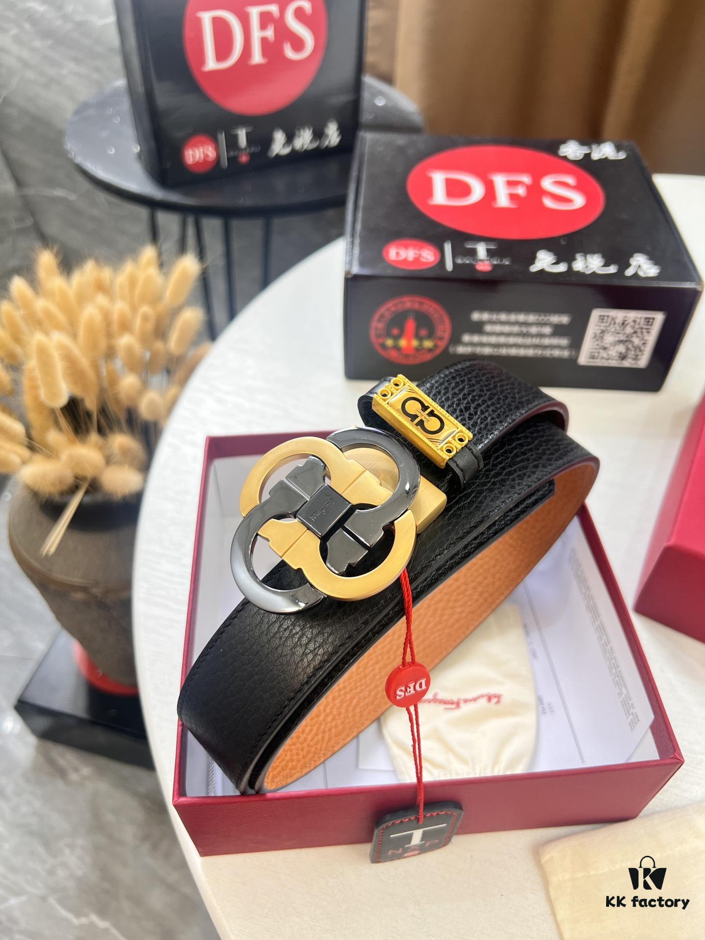 Ferragamo Men's Belt, Genuine First-Layer Calfskin with Crocodile Texture, Reversible Design, 3.5cm Width, Stainless Steel Buckle, Adjustable Length