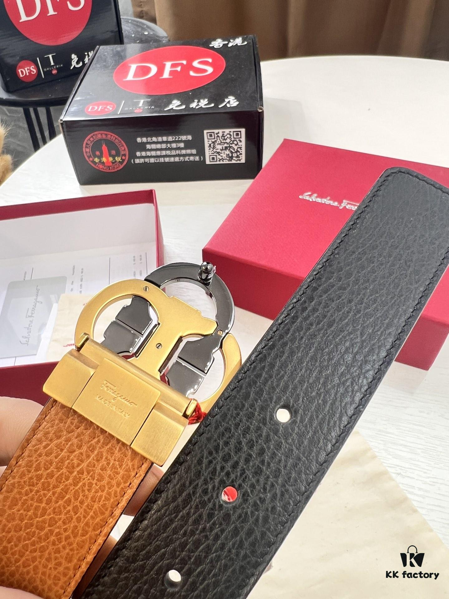 Ferragamo Men's Belt, Genuine First-Layer Calfskin with Crocodile Texture, Reversible Design, 3.5cm Width, Stainless Steel Buckle, Adjustable Length