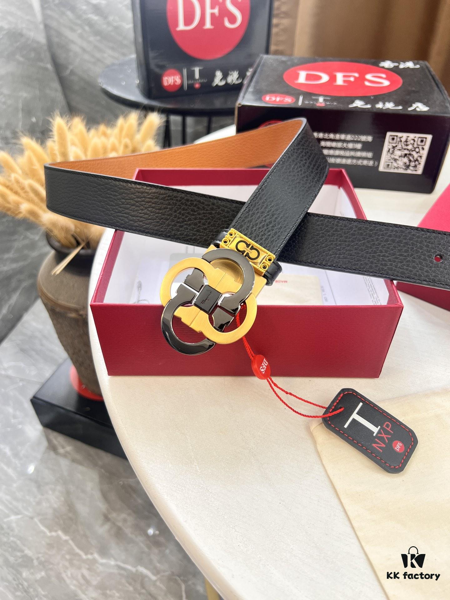 Ferragamo Men's Belt, Genuine First-Layer Calfskin with Crocodile Texture, Reversible Design, 3.5cm Width, Stainless Steel Buckle, Adjustable Length