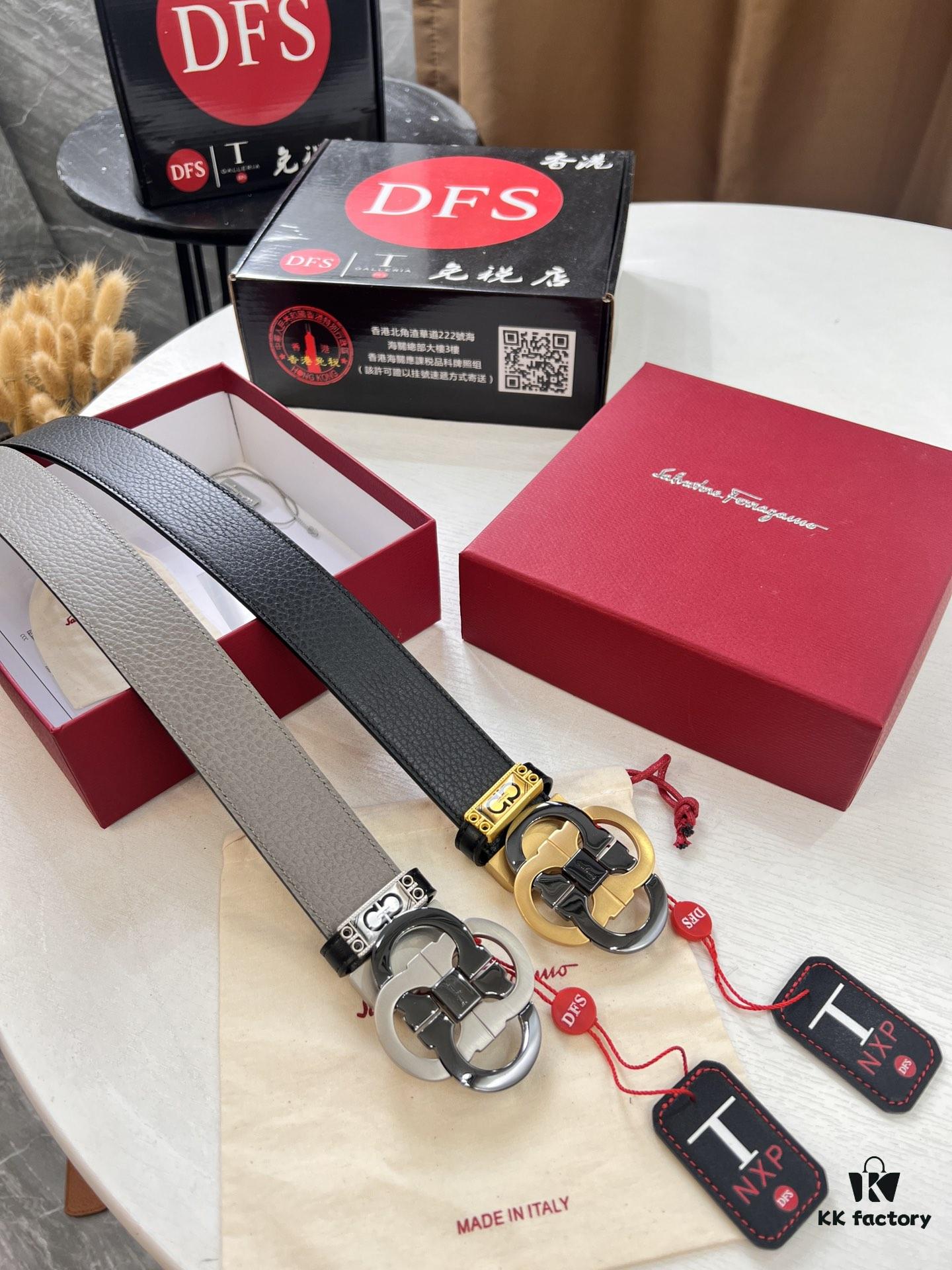 Ferragamo Men's Belt, Genuine First-Layer Calfskin with Crocodile Texture, Reversible Design, 3.5cm Width, Stainless Steel Buckle, Adjustable Length