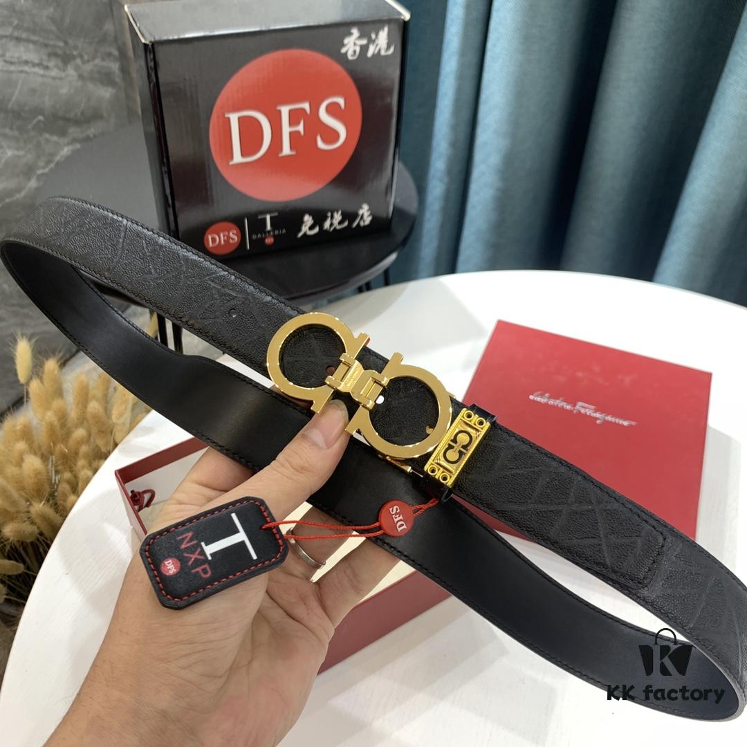 Top-Tier Salvatore Ferragamo Belt, Hong Kong Duty-Free Gift Box, Authenticity QR Code Verified, New 8-Shaped Genuine Hardware, Full-Grain Imported Seal-Textured Calfskin, Dual-Sided Wearable, 3.5cm Width, NXP Chip, Adjustable Length