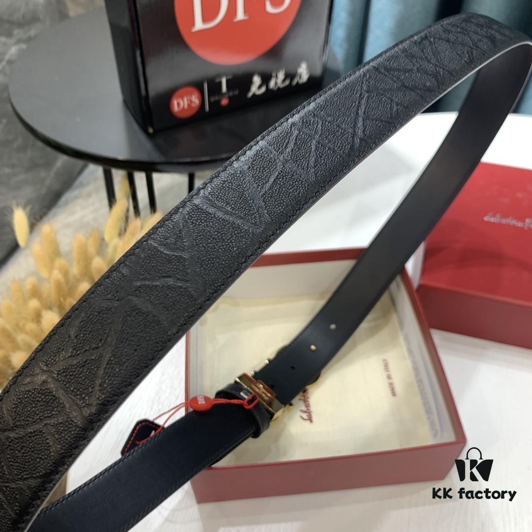 Top-Tier Salvatore Ferragamo Belt, Hong Kong Duty-Free Gift Box, Authenticity QR Code Verified, New 8-Shaped Genuine Hardware, Full-Grain Imported Seal-Textured Calfskin, Dual-Sided Wearable, 3.5cm Width, NXP Chip, Adjustable Length