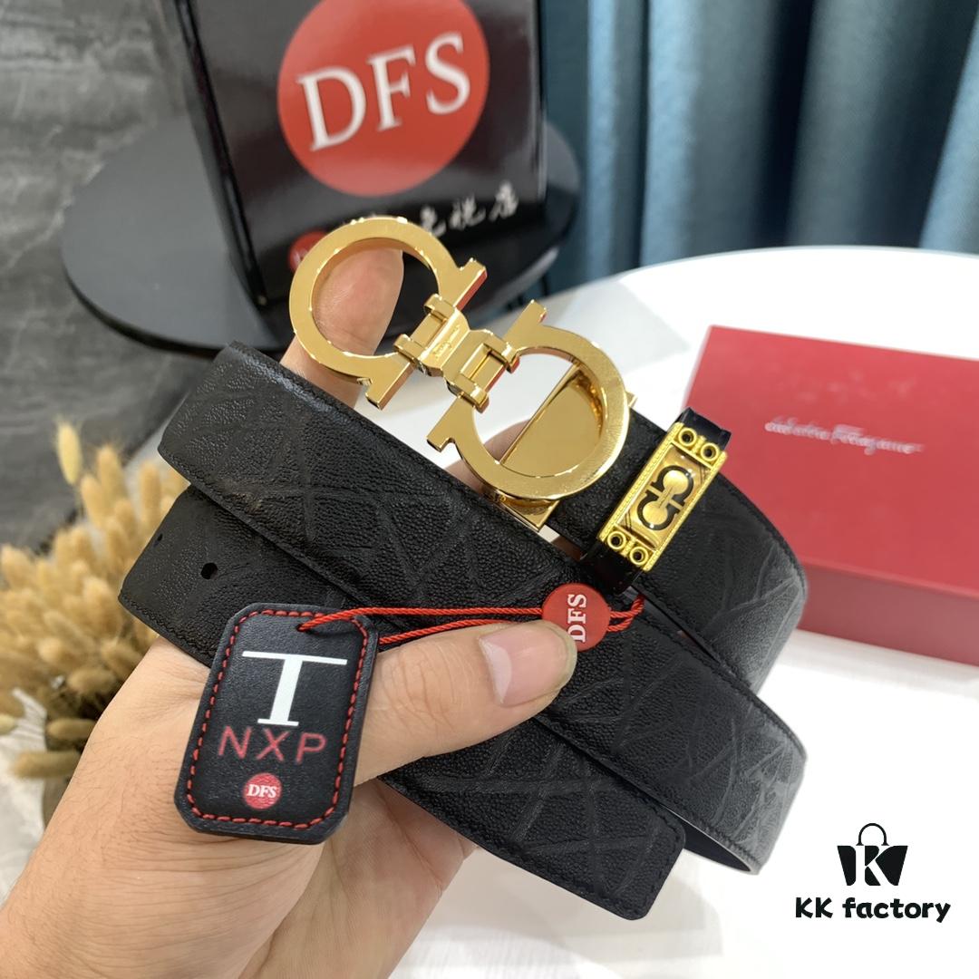 Top-Tier Salvatore Ferragamo Belt, Hong Kong Duty-Free Gift Box, Authenticity QR Code Verified, New 8-Shaped Genuine Hardware, Full-Grain Imported Seal-Textured Calfskin, Dual-Sided Wearable, 3.5cm Width, NXP Chip, Adjustable Length