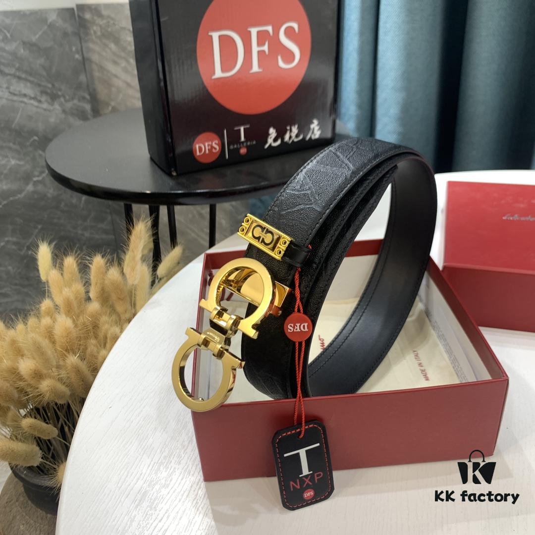 Top-Tier Salvatore Ferragamo Belt, Hong Kong Duty-Free Gift Box, Authenticity QR Code Verified, New 8-Shaped Genuine Hardware, Full-Grain Imported Seal-Textured Calfskin, Dual-Sided Wearable, 3.5cm Width, NXP Chip, Adjustable Length