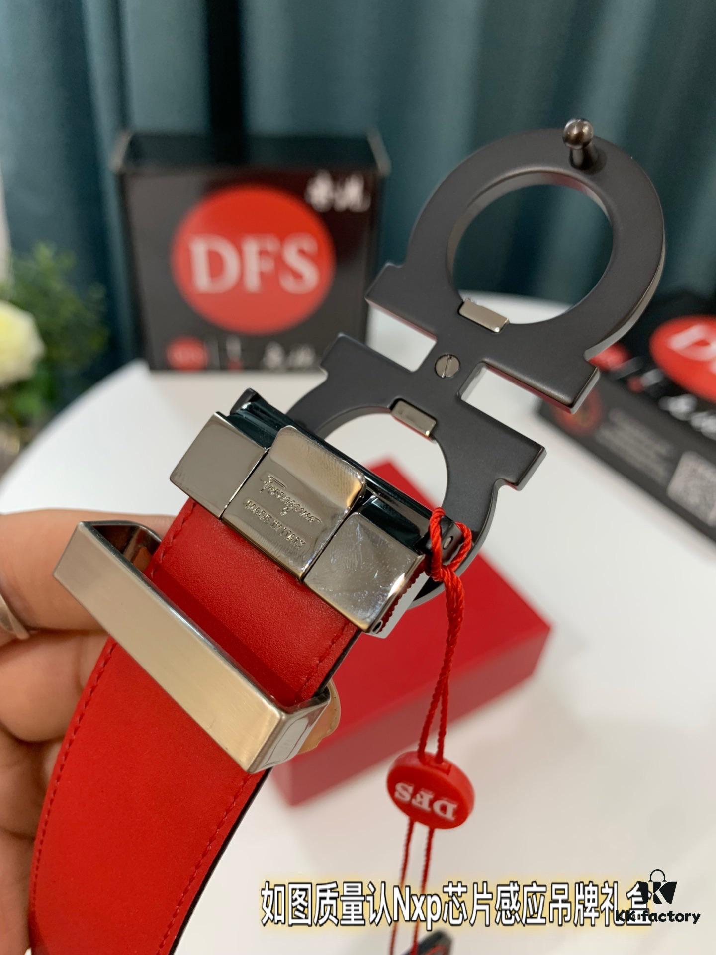 Hong Kong Tax-Free T Gift Box 🎁 (NXP RFID Tag Authenticatable on Official Website, Genuine Anti-Counterfeit Chip) | Salvatore Ferragamo Style | New 8-Shaped Buckle Stainless Steel Hardware | Double-Sided Wear | French Imported Smooth Calfskin Leather | Fashion Runway Design | Duty-Free Premium Replica Level | Latest NXP RFID Chip | 3.5cm Width