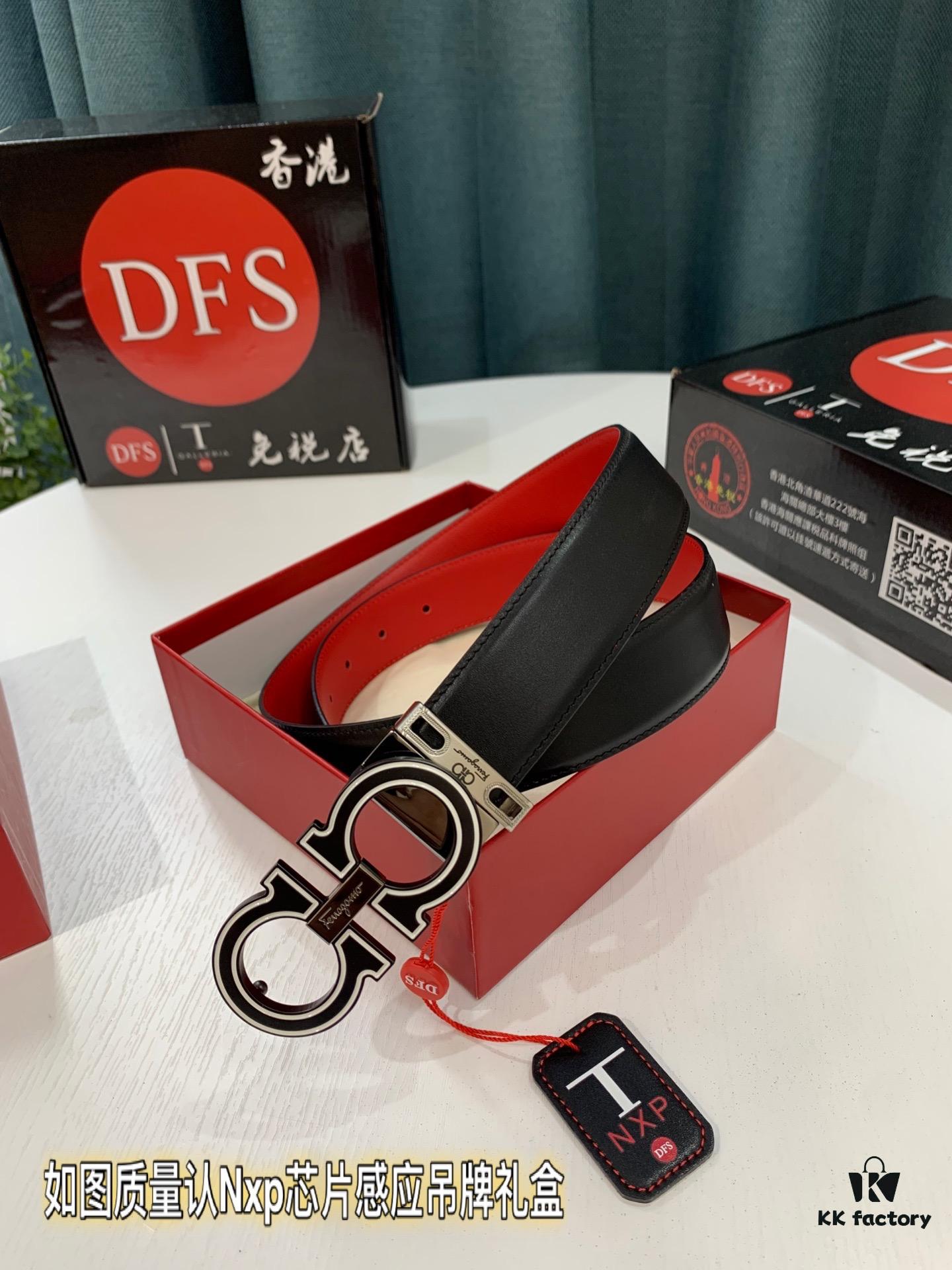 Hong Kong Tax-Free T Gift Box 🎁 (NXP RFID Tag Authenticatable on Official Website, Genuine Anti-Counterfeit Chip) | Salvatore Ferragamo Style | New 8-Shaped Buckle Stainless Steel Hardware | Double-Sided Wear | French Imported Smooth Calfskin Leather | Fashion Runway Design | Duty-Free Premium Replica Level | Latest NXP RFID Chip | 3.5cm Width