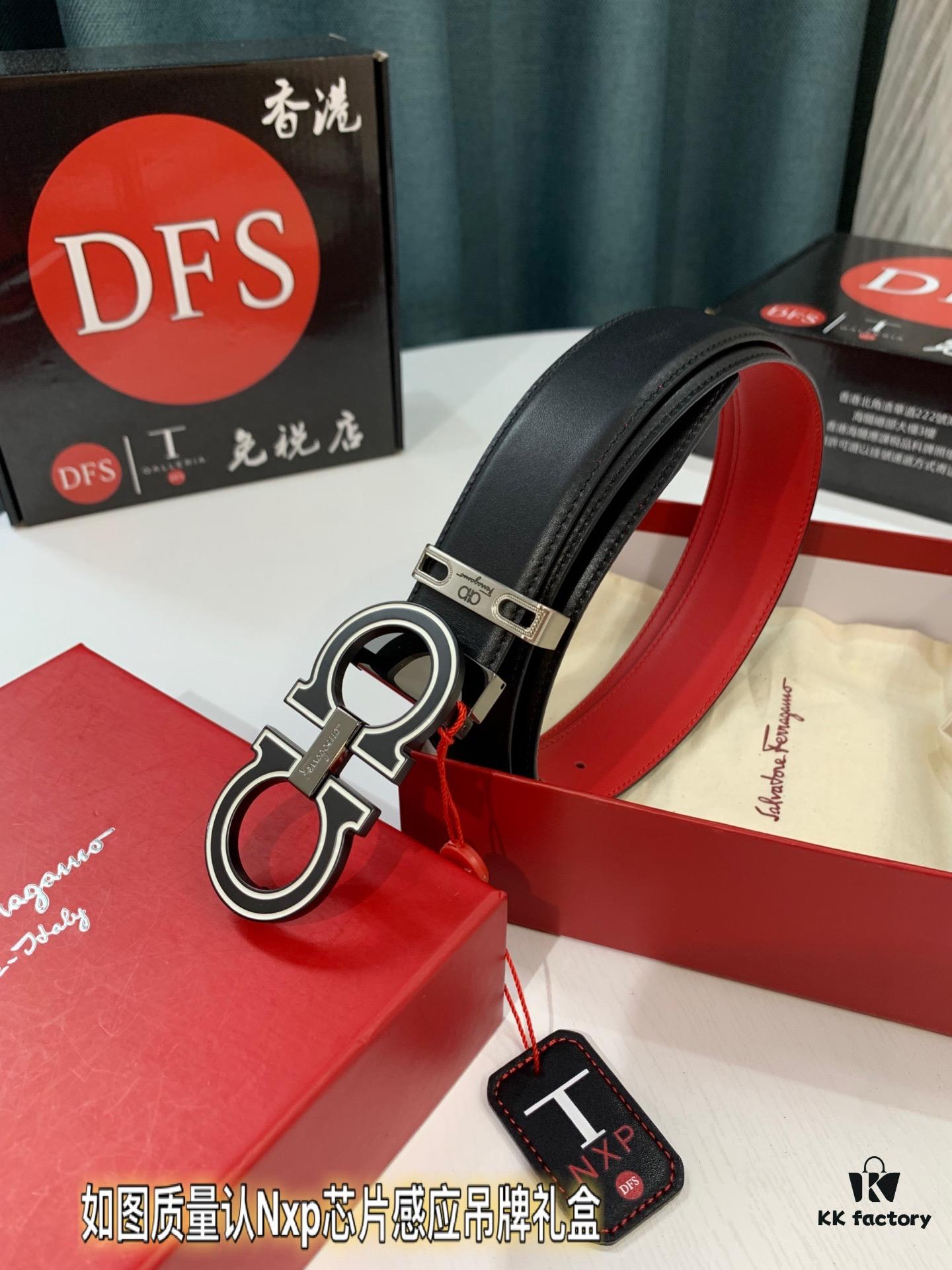 Hong Kong Tax-Free T Gift Box 🎁 (NXP RFID Tag Authenticatable on Official Website, Genuine Anti-Counterfeit Chip) | Salvatore Ferragamo Style | New 8-Shaped Buckle Stainless Steel Hardware | Double-Sided Wear | French Imported Smooth Calfskin Leather | Fashion Runway Design | Duty-Free Premium Replica Level | Latest NXP RFID Chip | 3.5cm Width