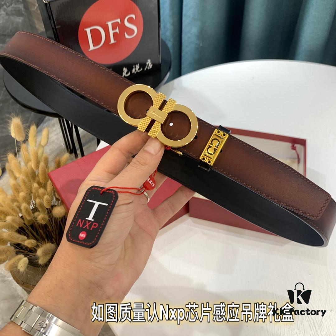 Shop Owner Recommended Filagamo Men's Leather Belt, Genuine Top Grain Cowhide, Double-Sided Use, 3.5cm Width, Precision Steel Hardware, Ideal Gift