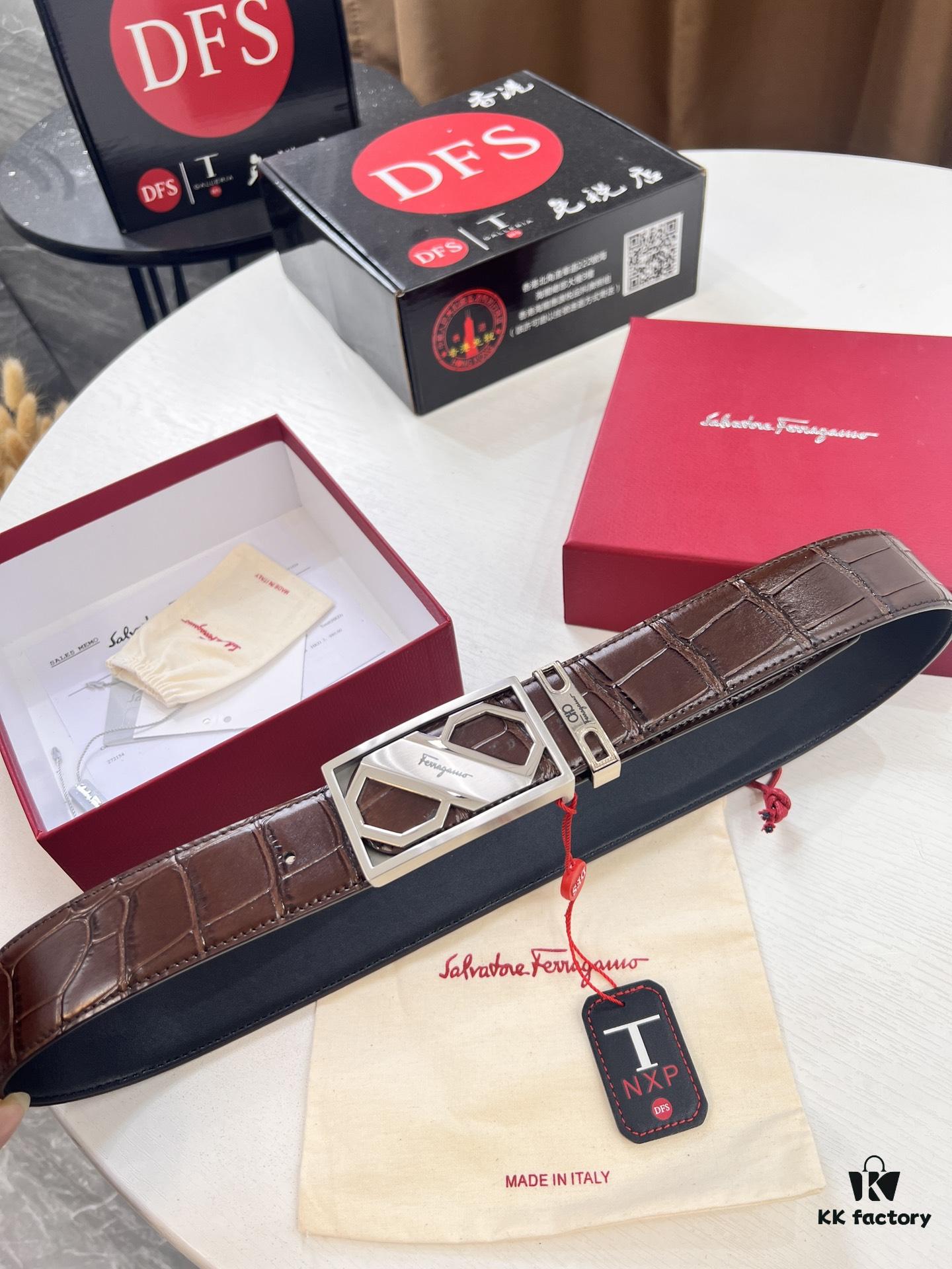 Top-tier Salvatore Ferragamo Belt, Authentic Hong Kong Duty-Free Gift Box, 8-Shaped Genuine Hardware, Full-Grain Crocodile-Texture Calfskin Leather