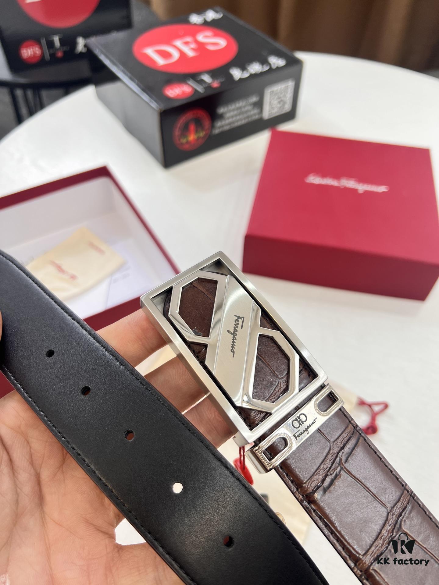 Top-tier Salvatore Ferragamo Belt, Authentic Hong Kong Duty-Free Gift Box, 8-Shaped Genuine Hardware, Full-Grain Crocodile-Texture Calfskin Leather