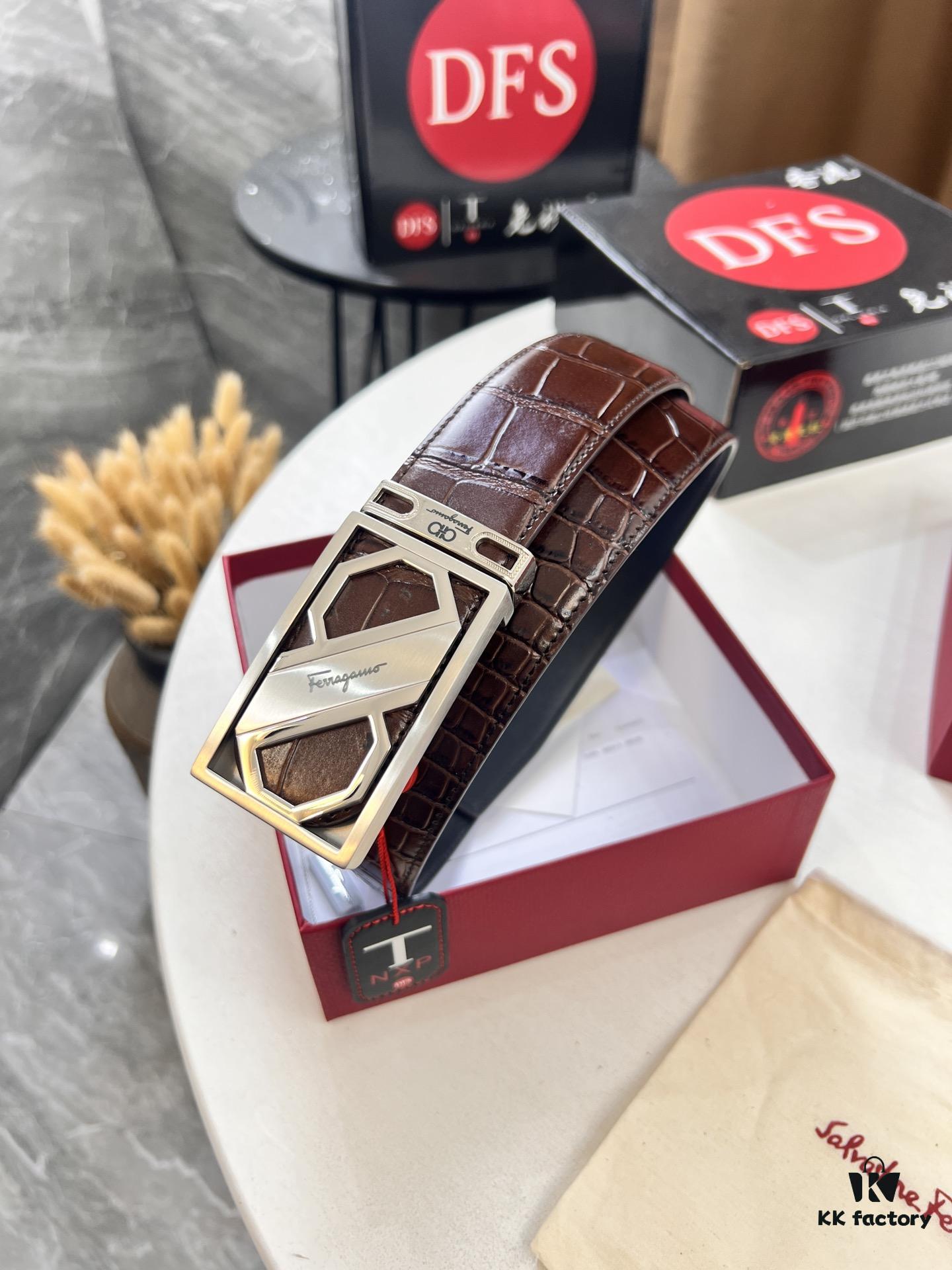 Top-tier Salvatore Ferragamo Belt, Authentic Hong Kong Duty-Free Gift Box, 8-Shaped Genuine Hardware, Full-Grain Crocodile-Texture Calfskin Leather