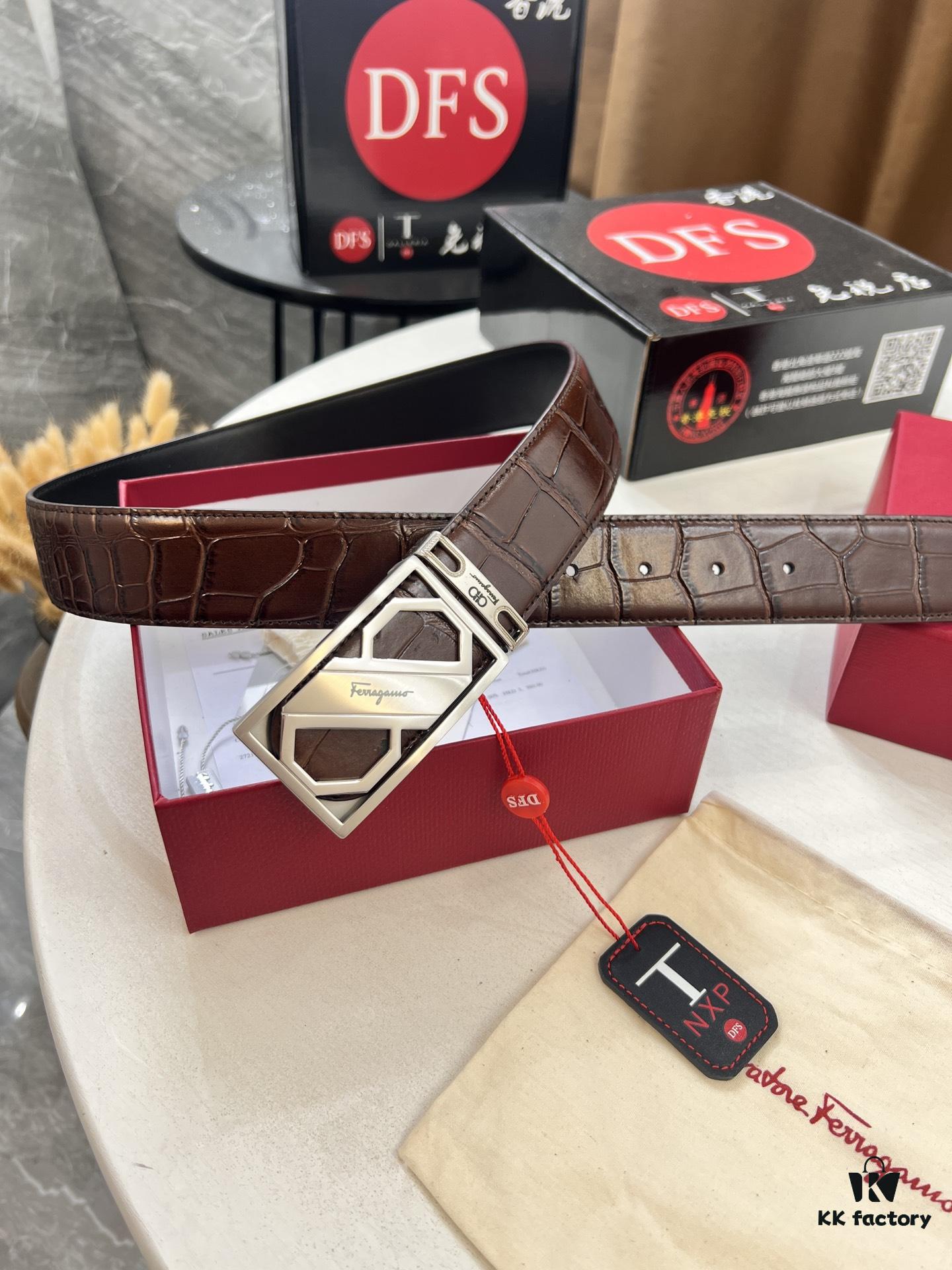 Top-tier Salvatore Ferragamo Belt, Authentic Hong Kong Duty-Free Gift Box, 8-Shaped Genuine Hardware, Full-Grain Crocodile-Texture Calfskin Leather
