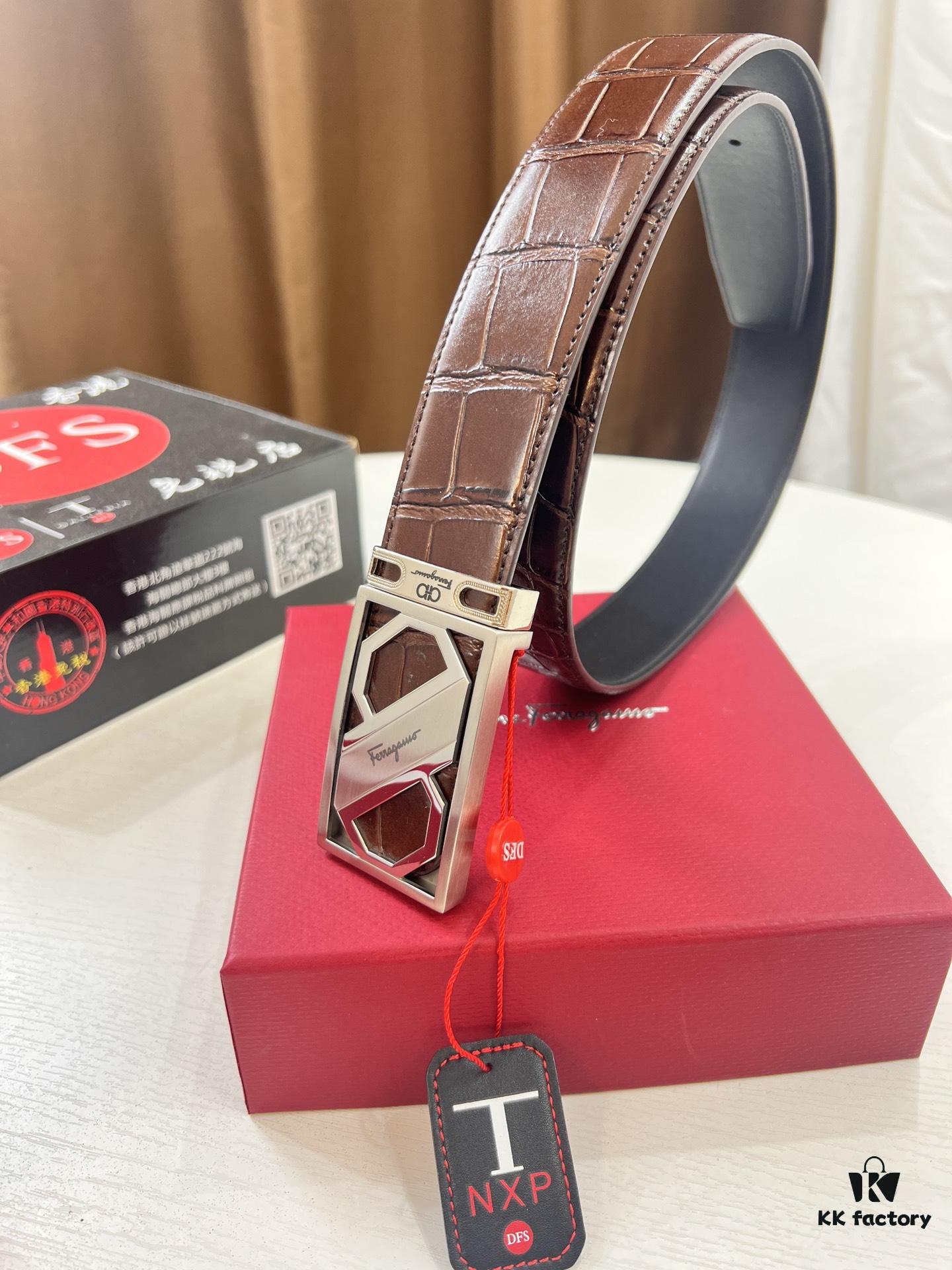 Top-tier Salvatore Ferragamo Belt, Authentic Hong Kong Duty-Free Gift Box, 8-Shaped Genuine Hardware, Full-Grain Crocodile-Texture Calfskin Leather