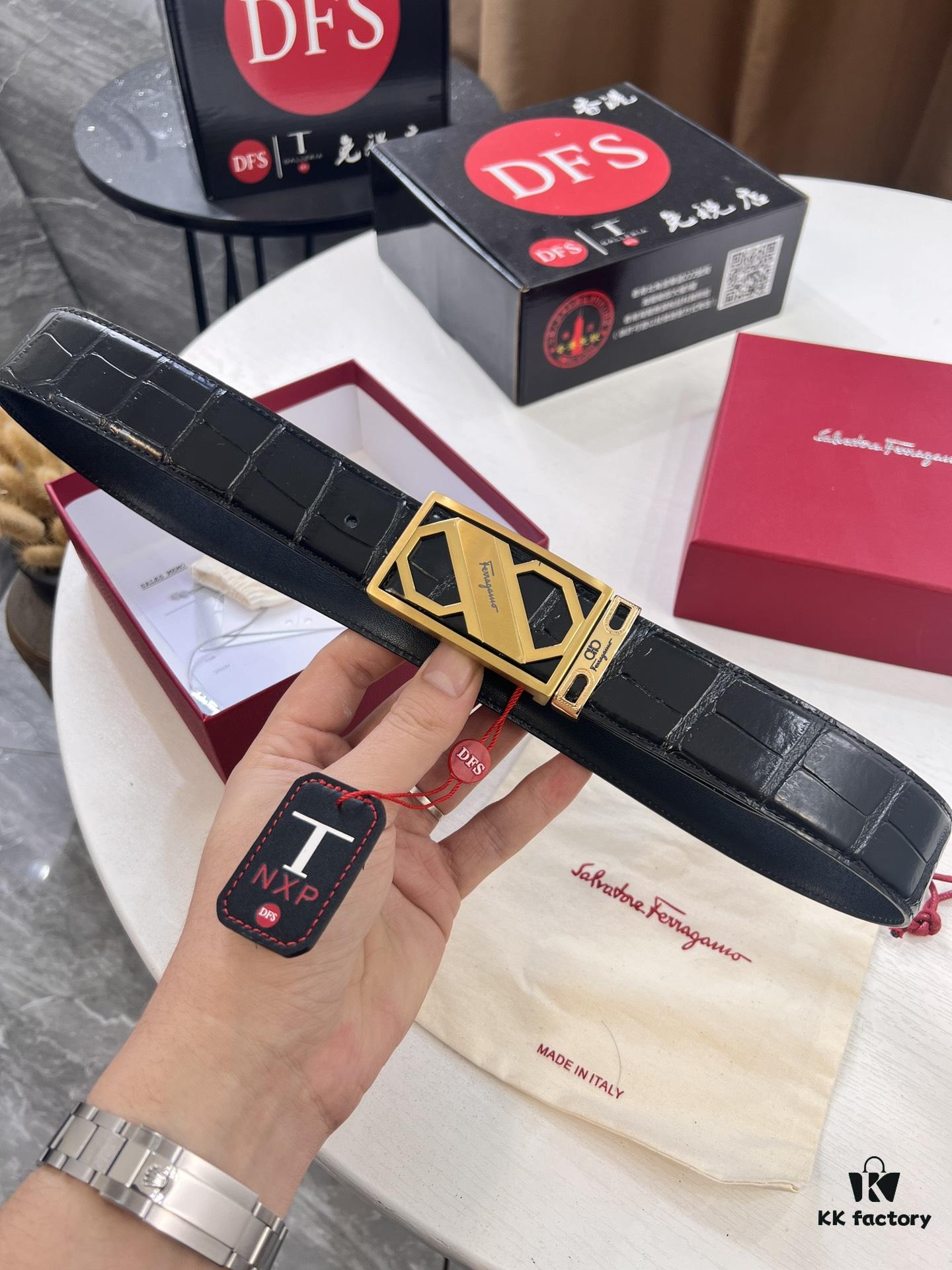 Top-tier Salvatore Ferragamo Men's Crocodile Pattern Genuine Leather Belt, Hong Kong Duty-Free Gift Box, Original 8-Shaped Hardware, German Manufactured, NFC Chip Enabled