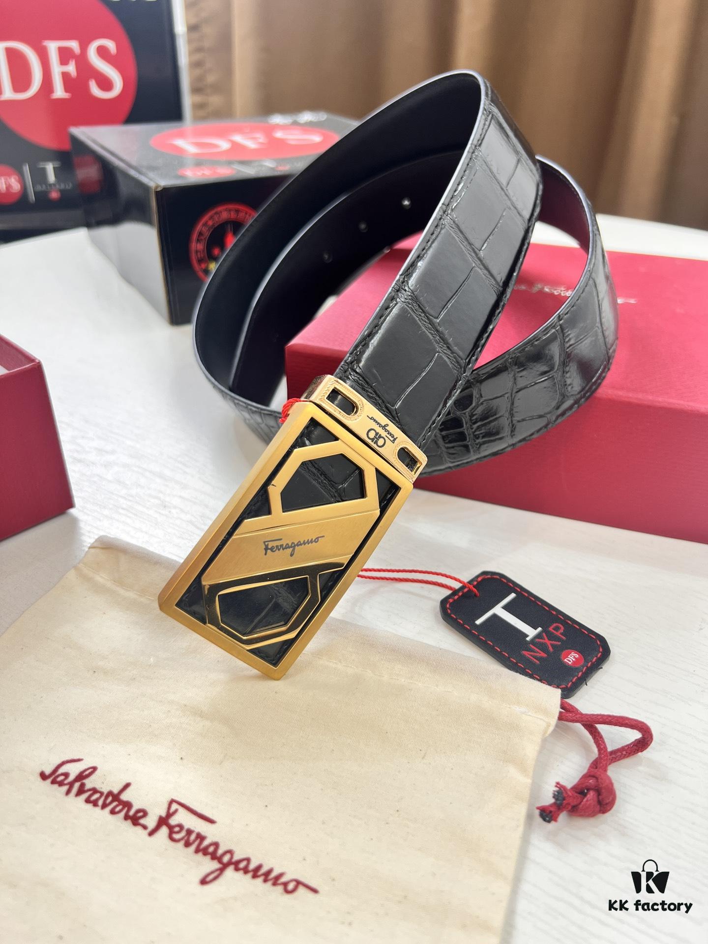 Top-tier Salvatore Ferragamo Men's Crocodile Pattern Genuine Leather Belt, Hong Kong Duty-Free Gift Box, Original 8-Shaped Hardware, German Manufactured, NFC Chip Enabled