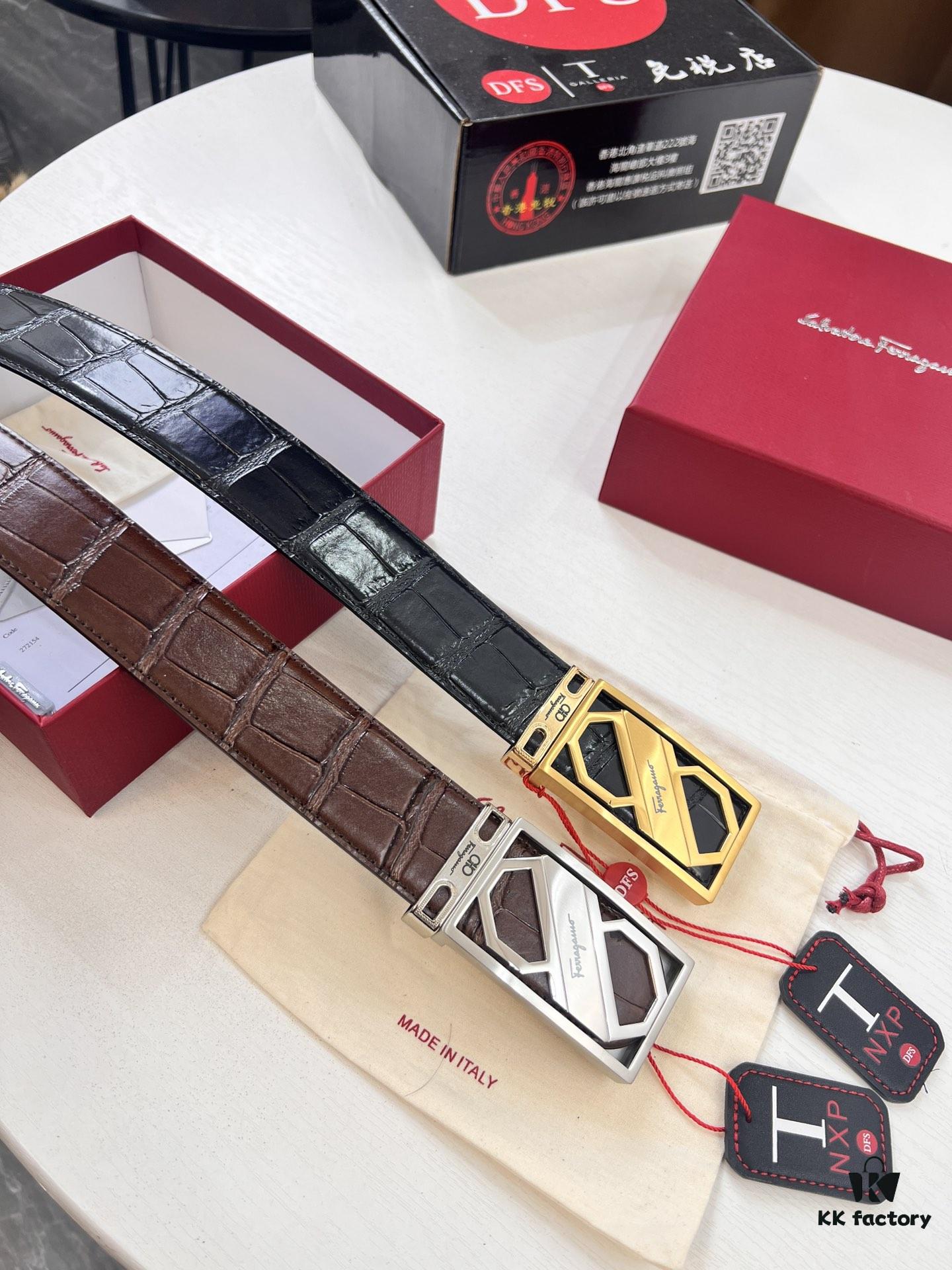 Top-tier Salvatore Ferragamo Men's Crocodile Pattern Genuine Leather Belt, Hong Kong Duty-Free Gift Box, Original 8-Shaped Hardware, German Manufactured, NFC Chip Enabled