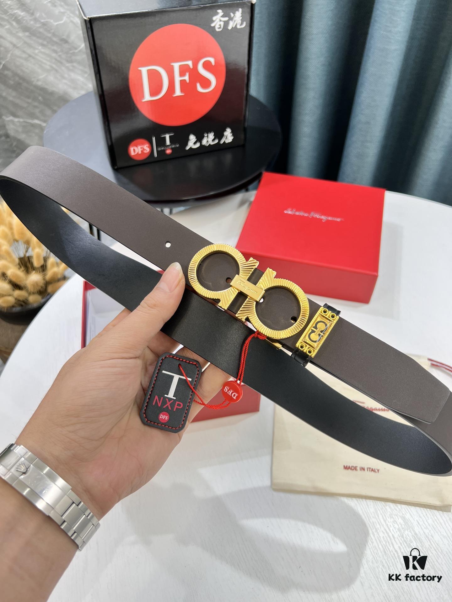 Shop Owner Recommended - Ferragamo Men's Belt, Genuine Imported Full-Grain Calfskin, Reversible Design, 3.5cm Width, Precision Steel Buckle