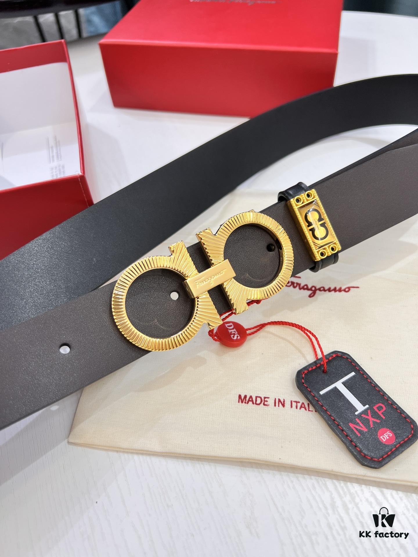 Shop Owner Recommended - Ferragamo Men's Belt, Genuine Imported Full-Grain Calfskin, Reversible Design, 3.5cm Width, Precision Steel Buckle