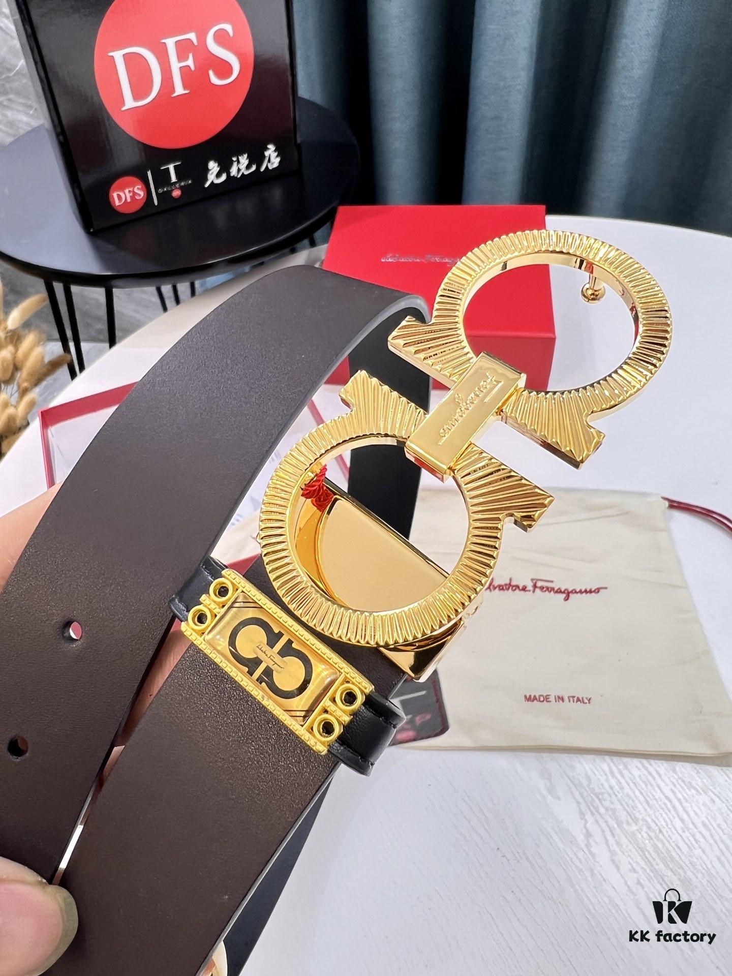 Shop Owner Recommended - Ferragamo Men's Belt, Genuine Imported Full-Grain Calfskin, Reversible Design, 3.5cm Width, Precision Steel Buckle