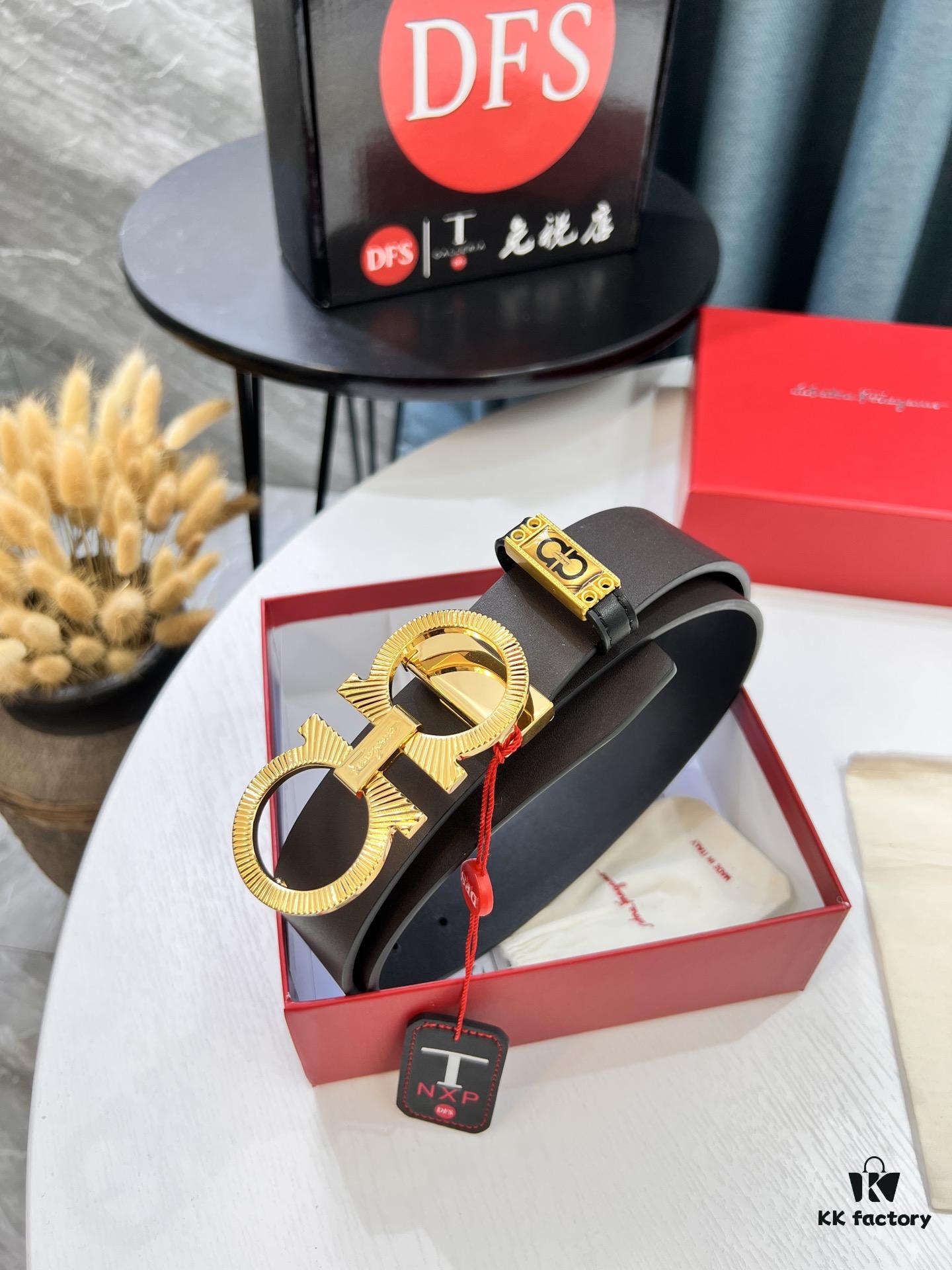 Shop Owner Recommended - Ferragamo Men's Belt, Genuine Imported Full-Grain Calfskin, Reversible Design, 3.5cm Width, Precision Steel Buckle