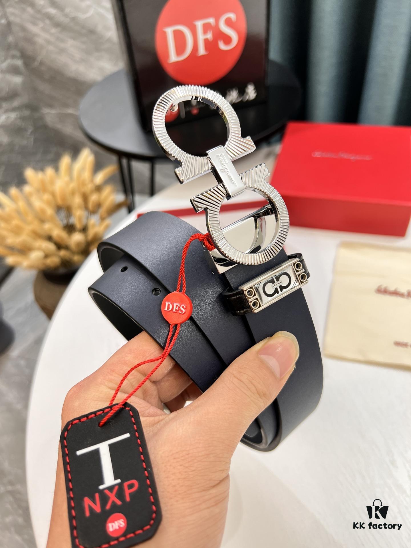 Salvatore Ferragamo Men's Belt, Genuine Imported Full-Grain Calfskin, Reversible Design, 3.5cm Width, Octagonal Stainless Steel Hardware, Adjustable Length