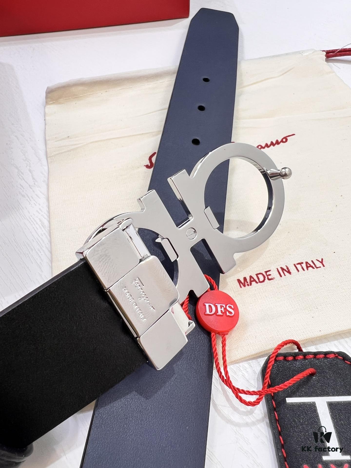 Salvatore Ferragamo Men's Belt, Genuine Imported Full-Grain Calfskin, Reversible Design, 3.5cm Width, Octagonal Stainless Steel Hardware, Adjustable Length