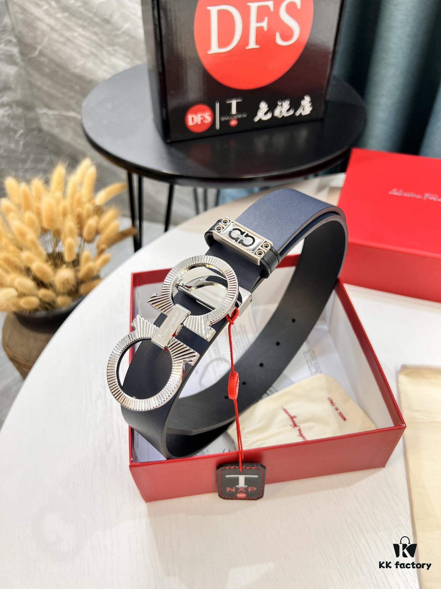 Salvatore Ferragamo Men's Belt, Genuine Imported Full-Grain Calfskin, Reversible Design, 3.5cm Width, Octagonal Stainless Steel Hardware, Adjustable Length