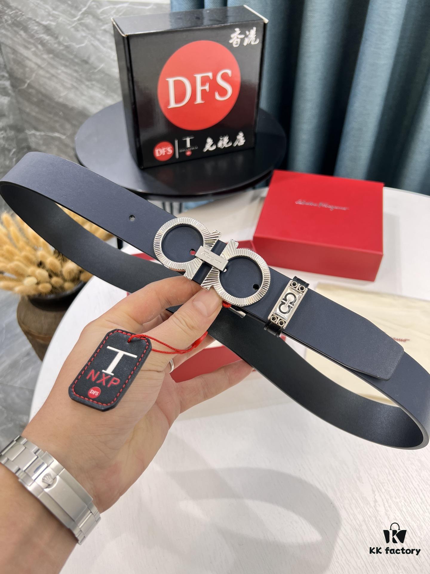 Salvatore Ferragamo Men's Belt, Genuine Imported Full-Grain Calfskin, Reversible Design, 3.5cm Width, Octagonal Stainless Steel Hardware, Adjustable Length