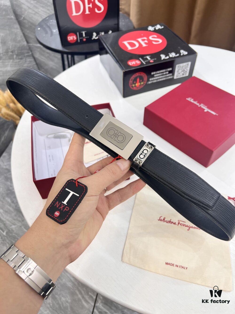 Salvatore Ferragamo Men's Belt, Genuine Imported Embossed Top-Layer Calfskin, Reversible Design, 3.5cm Width, New Minimalist Steel Hardware