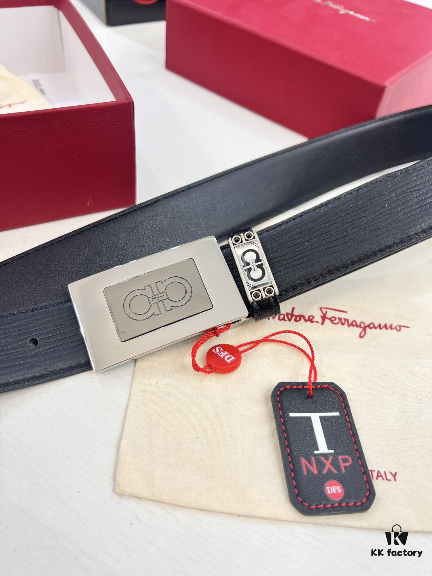 Salvatore Ferragamo Men's Belt, Genuine Imported Embossed Top-Layer Calfskin, Reversible Design, 3.5cm Width, New Minimalist Steel Hardware