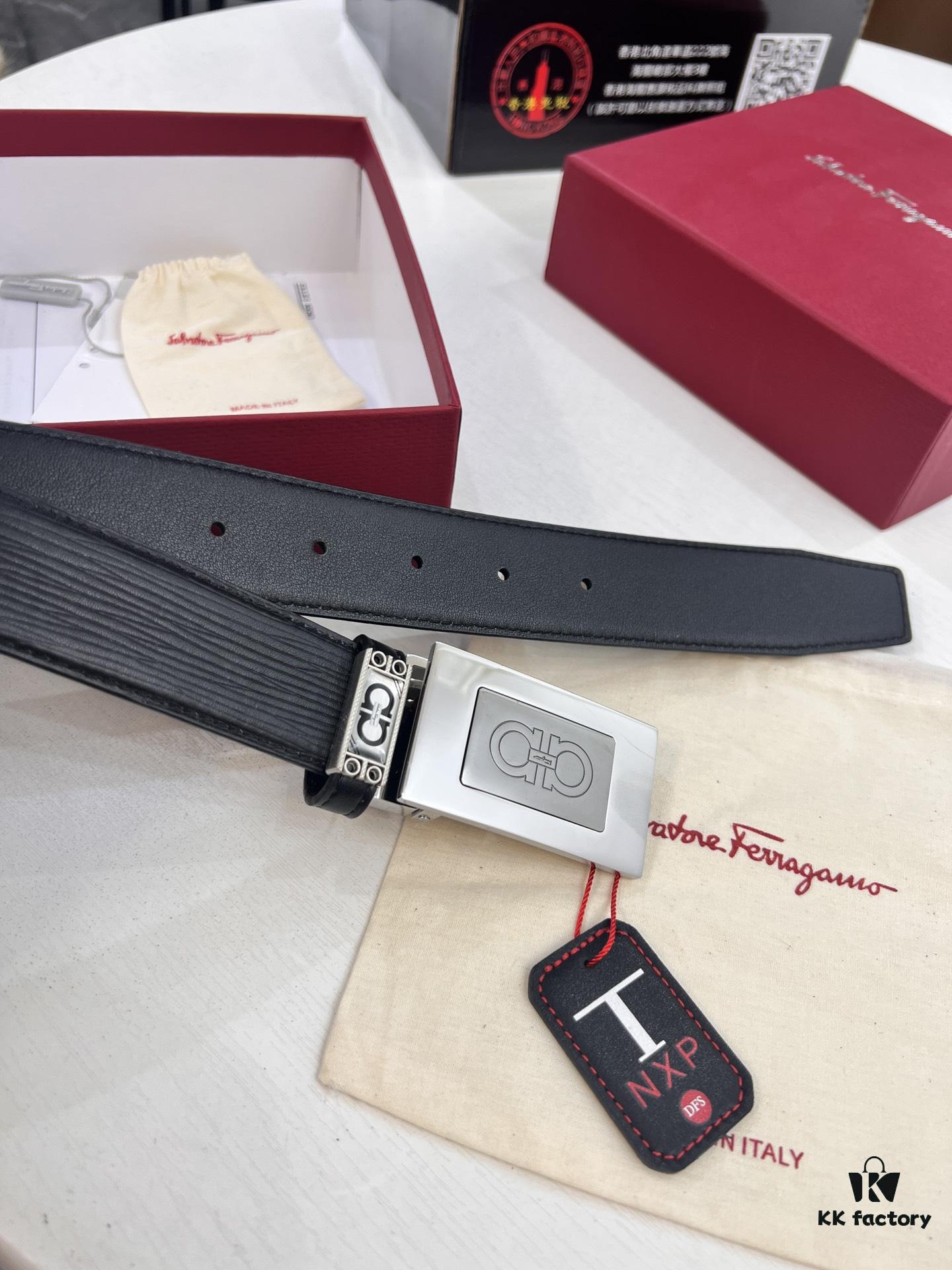 Salvatore Ferragamo Men's Belt, Genuine Imported Embossed Top-Layer Calfskin, Reversible Design, 3.5cm Width, New Minimalist Steel Hardware