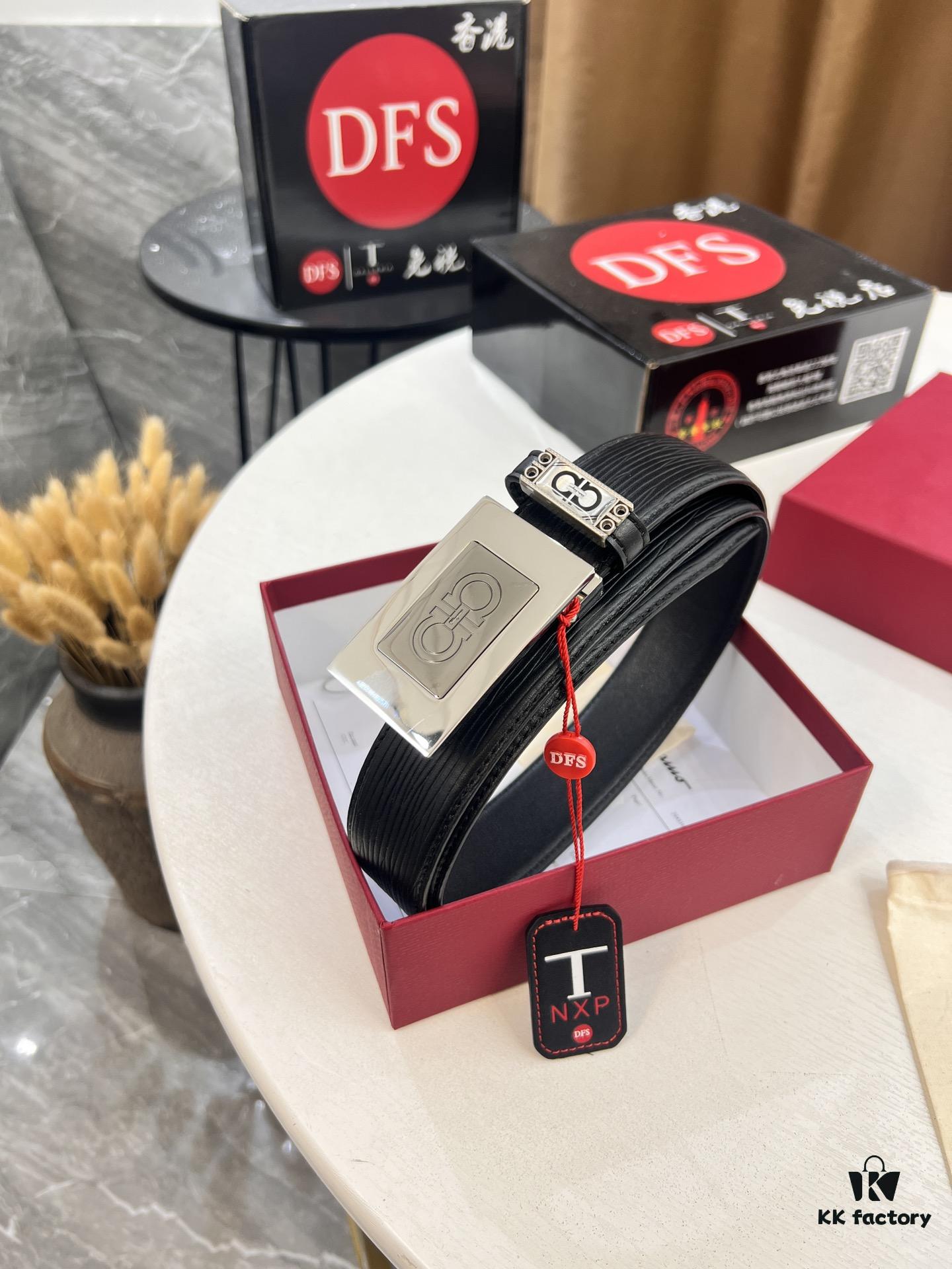 Salvatore Ferragamo Men's Belt, Genuine Imported Embossed Top-Layer Calfskin, Reversible Design, 3.5cm Width, New Minimalist Steel Hardware