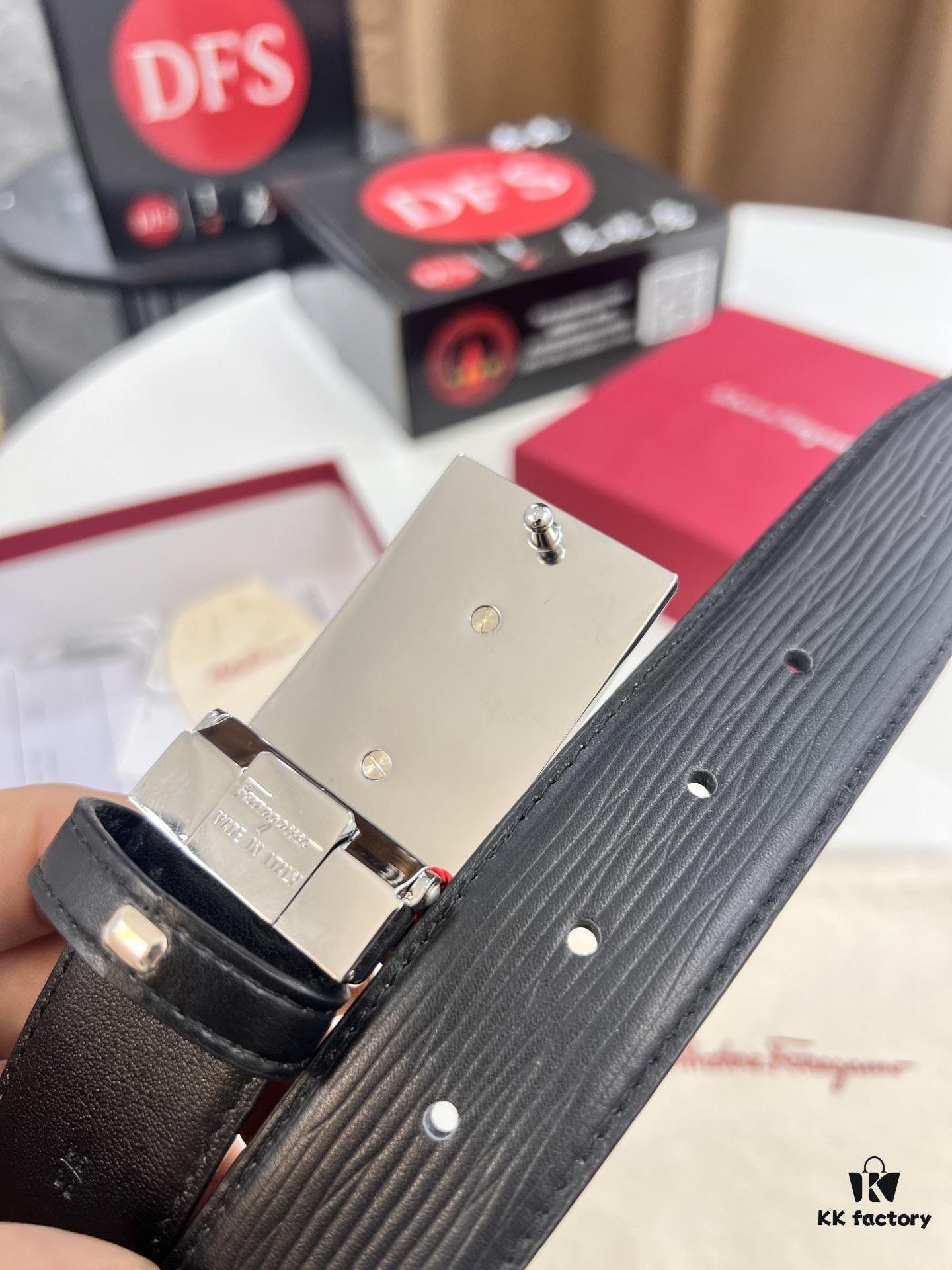 Salvatore Ferragamo Men's Belt, Genuine Imported Embossed Top-Layer Calfskin, Reversible Design, 3.5cm Width, New Minimalist Steel Hardware