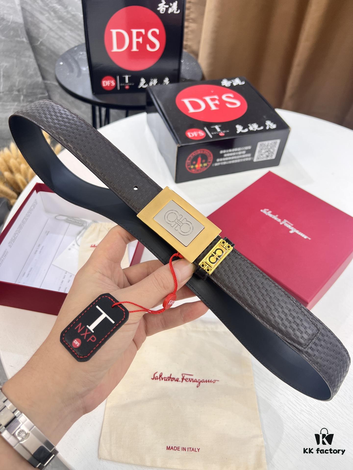 Salvatore Ferragamo Men's Belt, Genuine Imported Embossed Top-Layer Calfskin, Reversible Design, 3.5cm Width, New Minimalist Steel Hardware