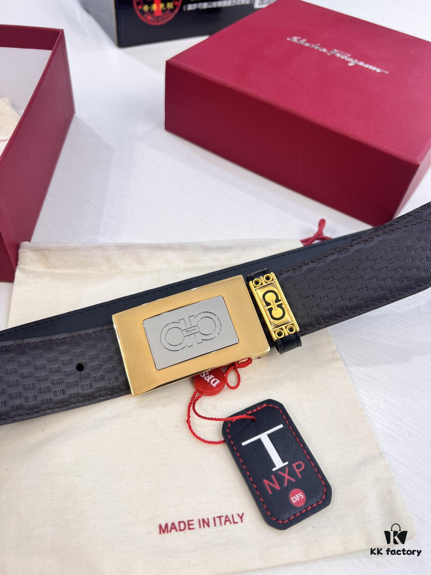 Salvatore Ferragamo Men's Belt, Genuine Imported Embossed Top-Layer Calfskin, Reversible Design, 3.5cm Width, New Minimalist Steel Hardware