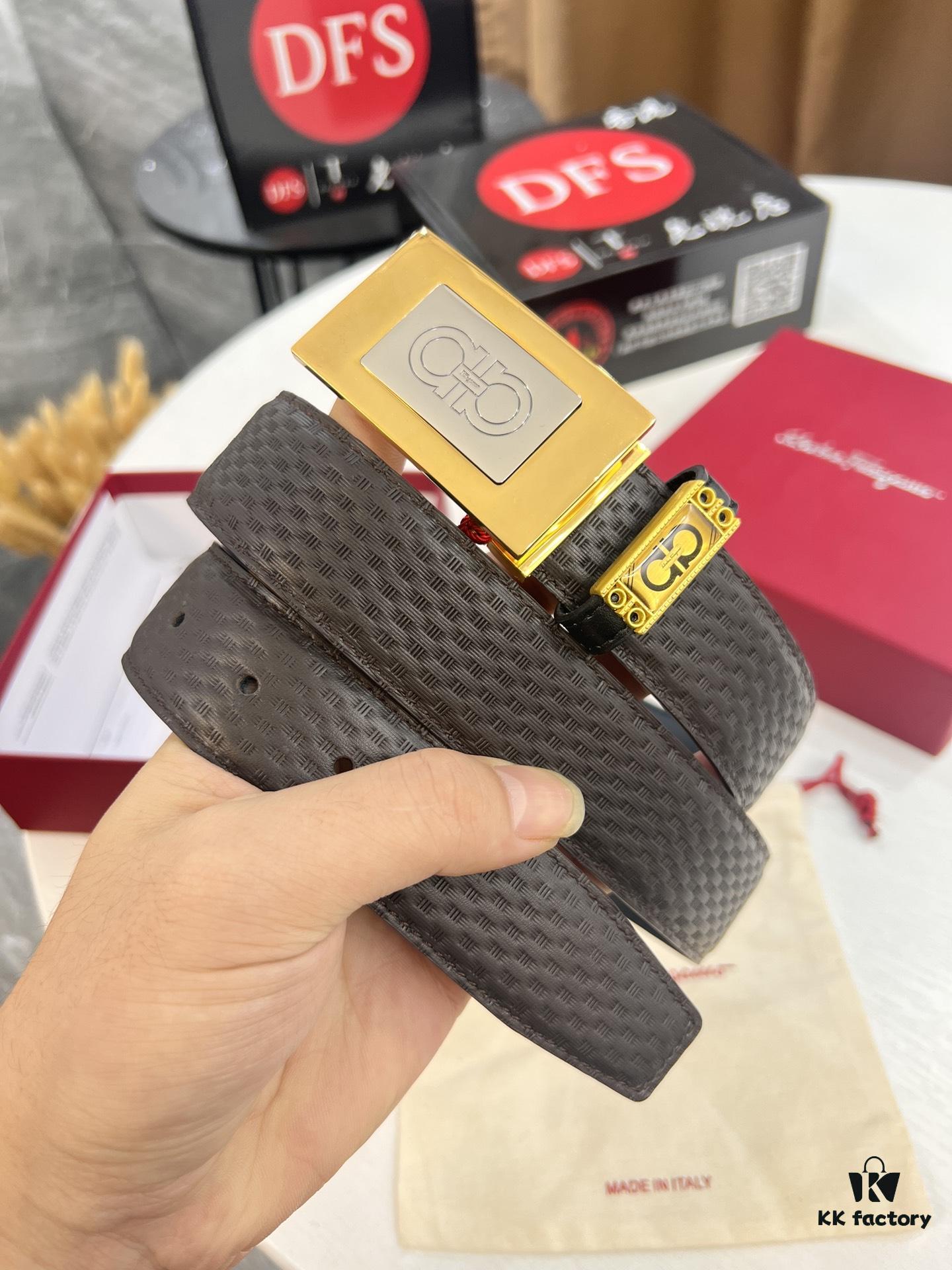 Salvatore Ferragamo Men's Belt, Genuine Imported Embossed Top-Layer Calfskin, Reversible Design, 3.5cm Width, New Minimalist Steel Hardware