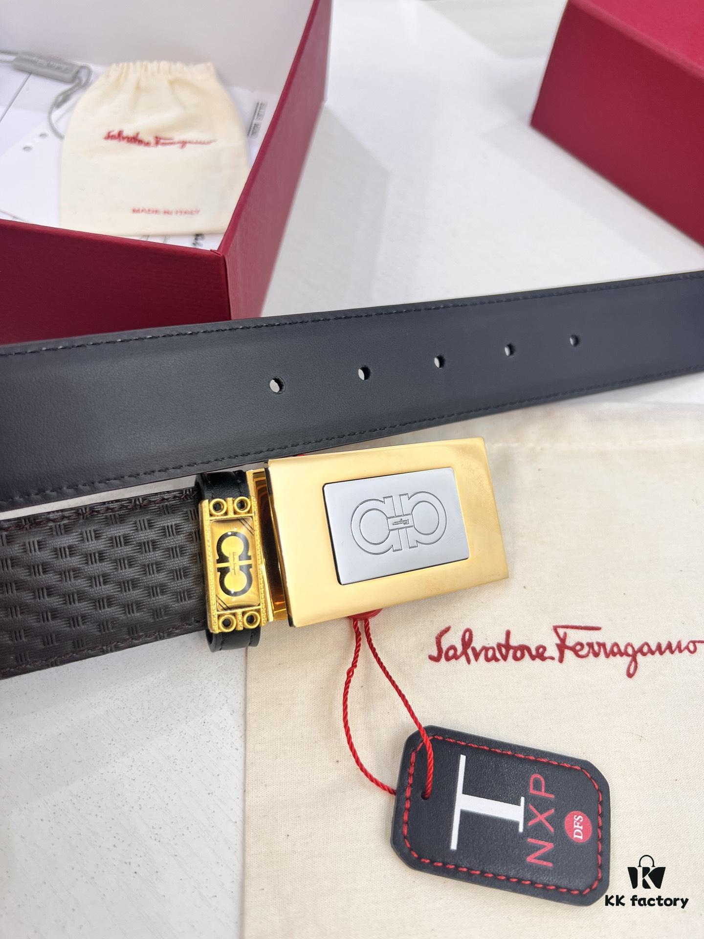 Salvatore Ferragamo Men's Belt, Genuine Imported Embossed Top-Layer Calfskin, Reversible Design, 3.5cm Width, New Minimalist Steel Hardware